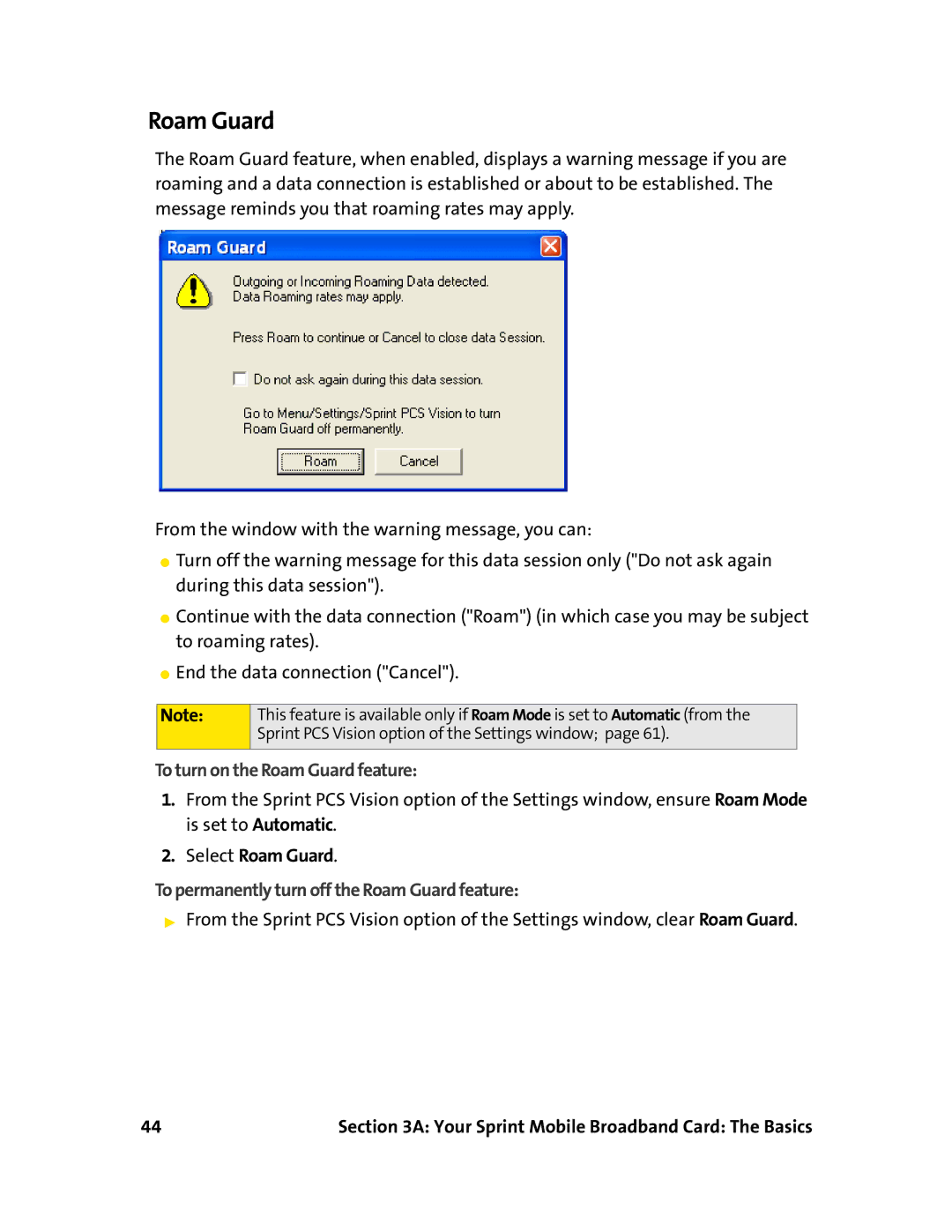 Sierra Wireless 595 manual To turn on the Roam Guard feature, Select Roam Guard 