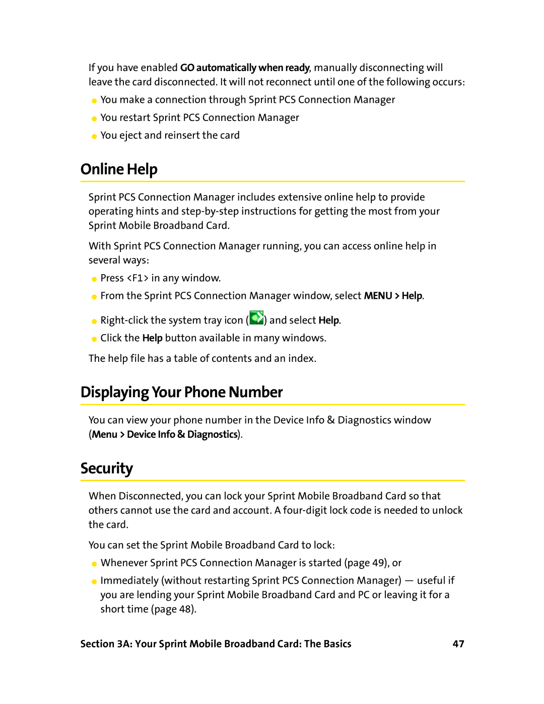 Sierra Wireless 595 manual Online Help, Displaying Your Phone Number, Security 