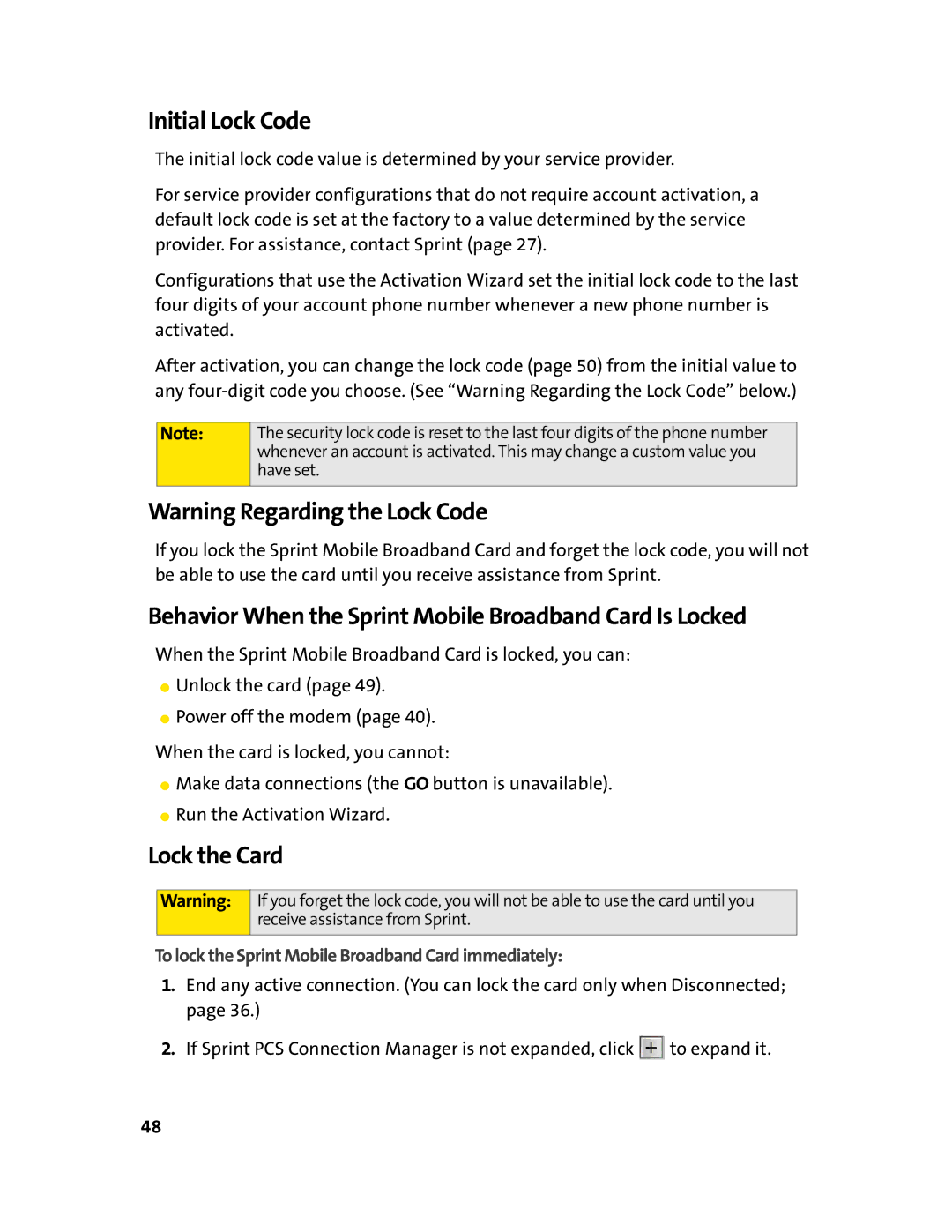 Sierra Wireless 595 manual Initial Lock Code, Behavior When the Sprint Mobile Broadband Card Is Locked, Lock the Card 