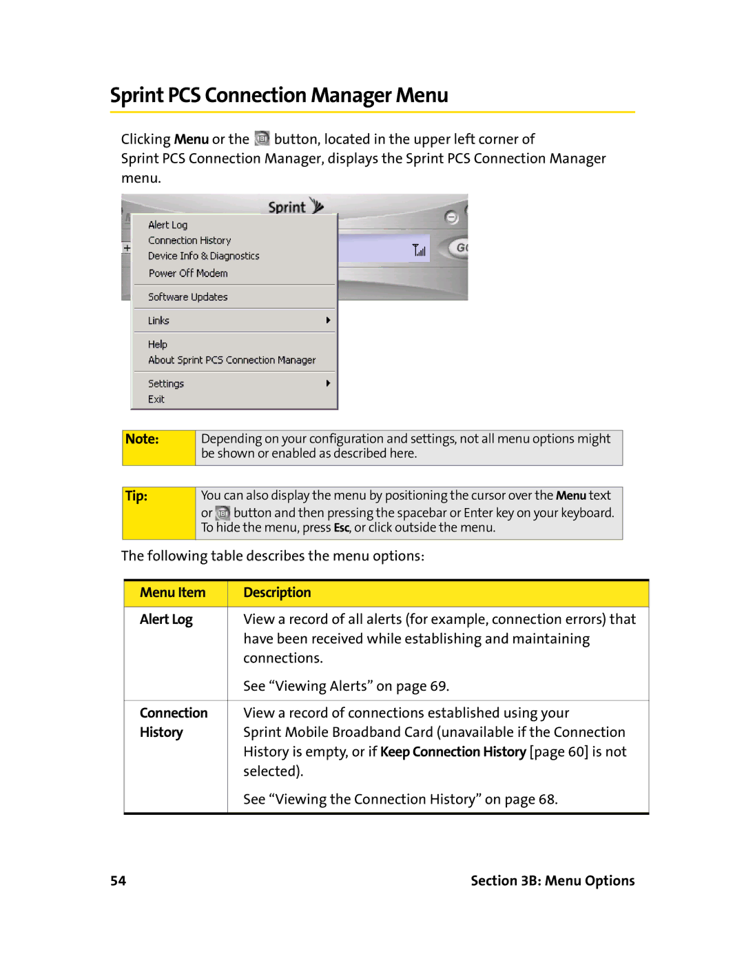 Sierra Wireless 595 manual Sprint PCS Connection Manager Menu, Menu Item Description Alert Log, History 