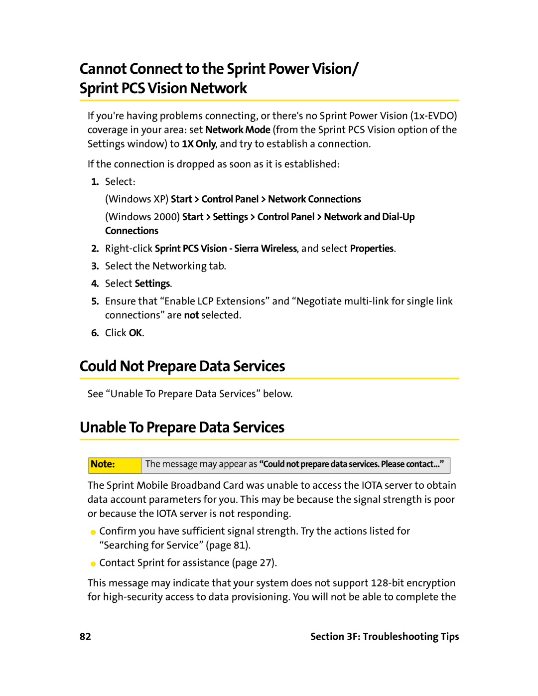 Sierra Wireless 595 manual Could Not Prepare Data Services, Unable To Prepare Data Services 