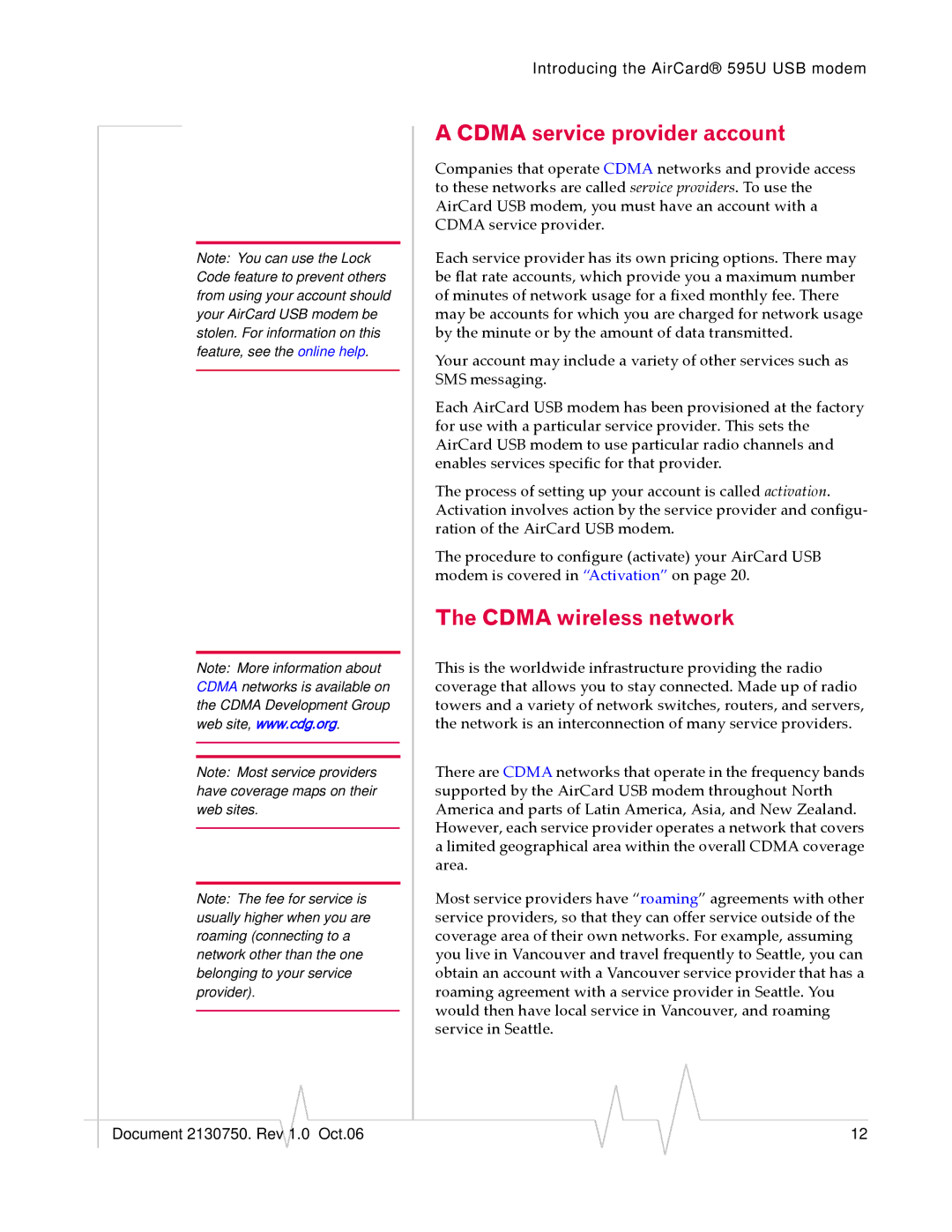 Sierra Wireless 595U manual Cdma service provider account, Cdma wireless network 
