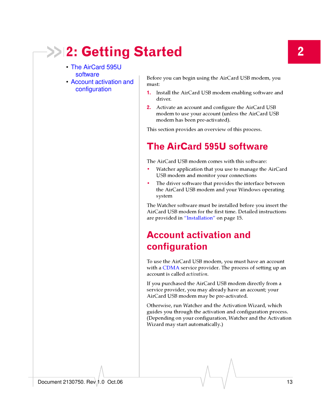 Sierra Wireless manual Getting Started, AirCard 595U software, Account activation and configuration 