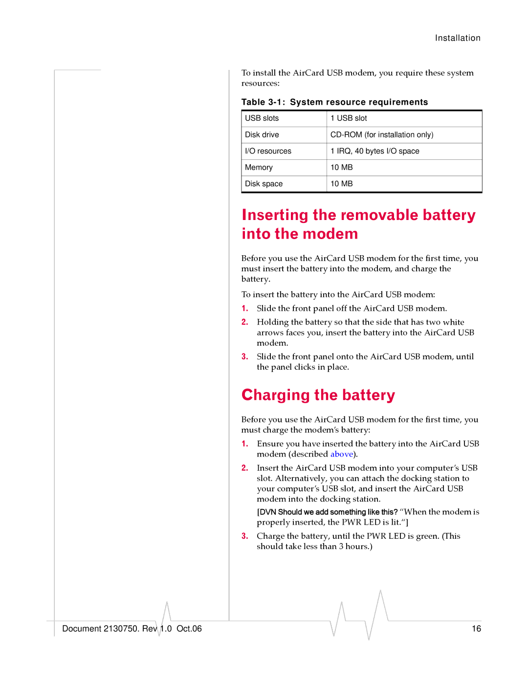 Sierra Wireless 595U Inserting the removable battery into the modem, Charging the battery, System resource requirements 