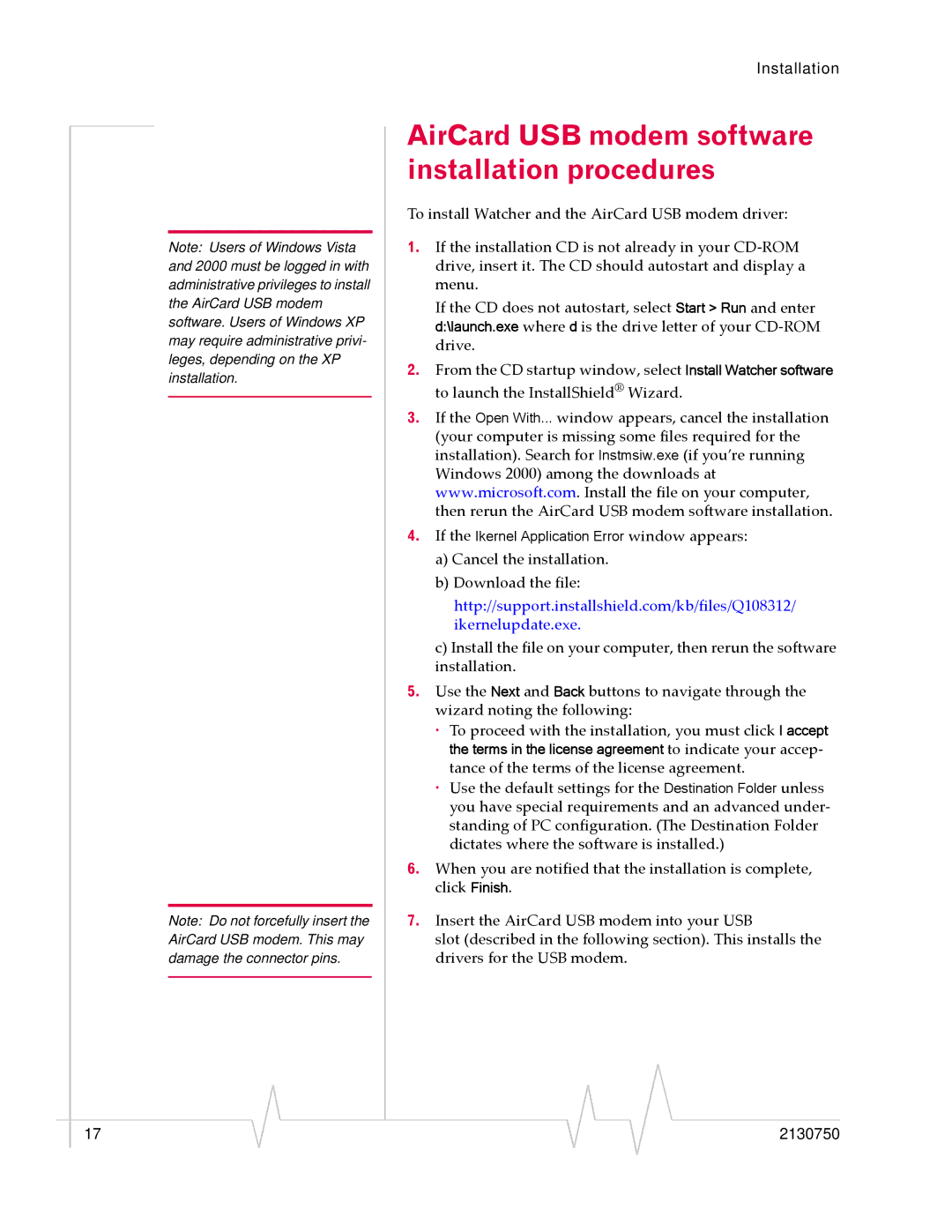 Sierra Wireless 595U manual AirCard USB modem software installation procedures, Ikernelupdate.exe 