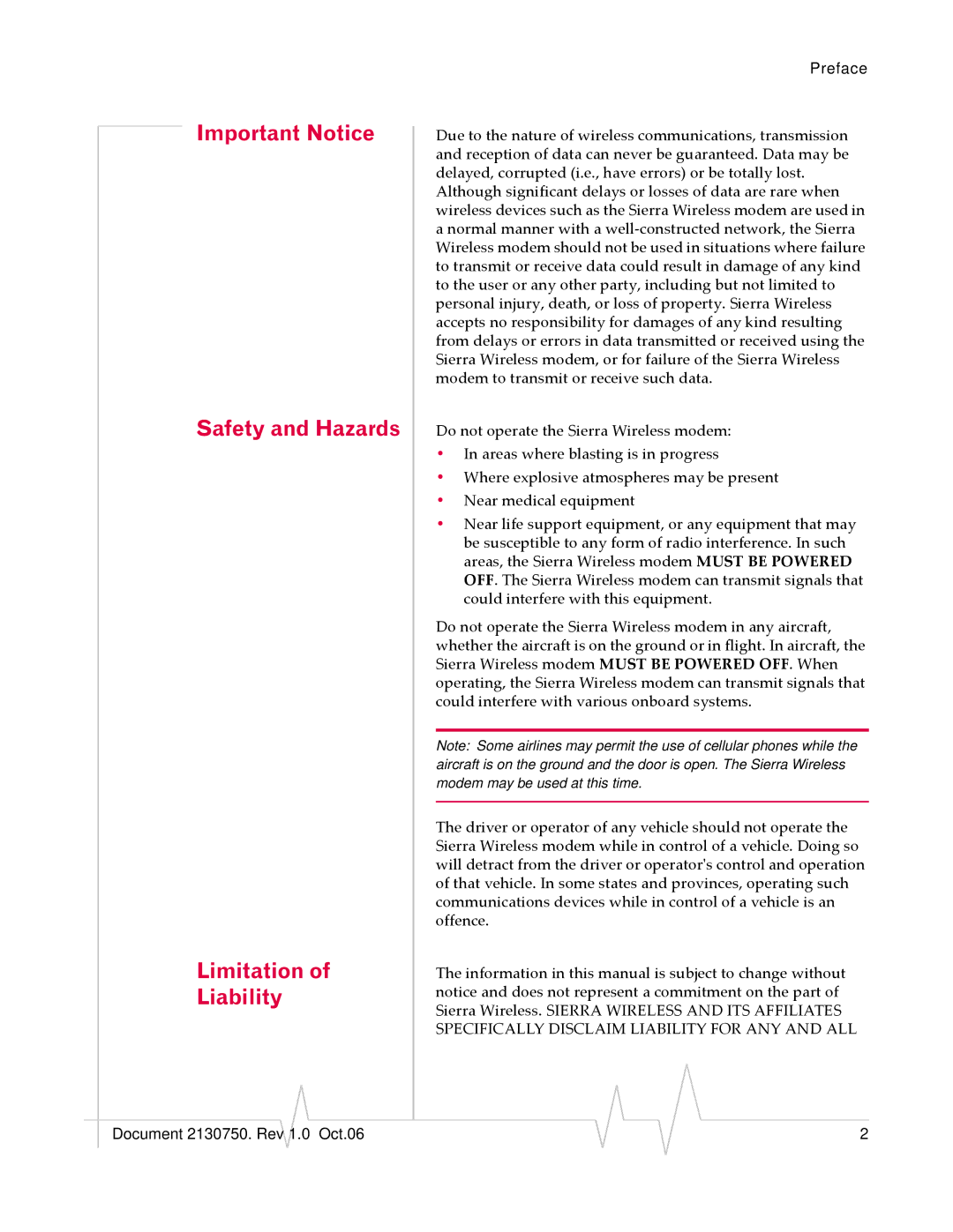 Sierra Wireless 595U manual Important Notice Safety and Hazards Limitation Liability 