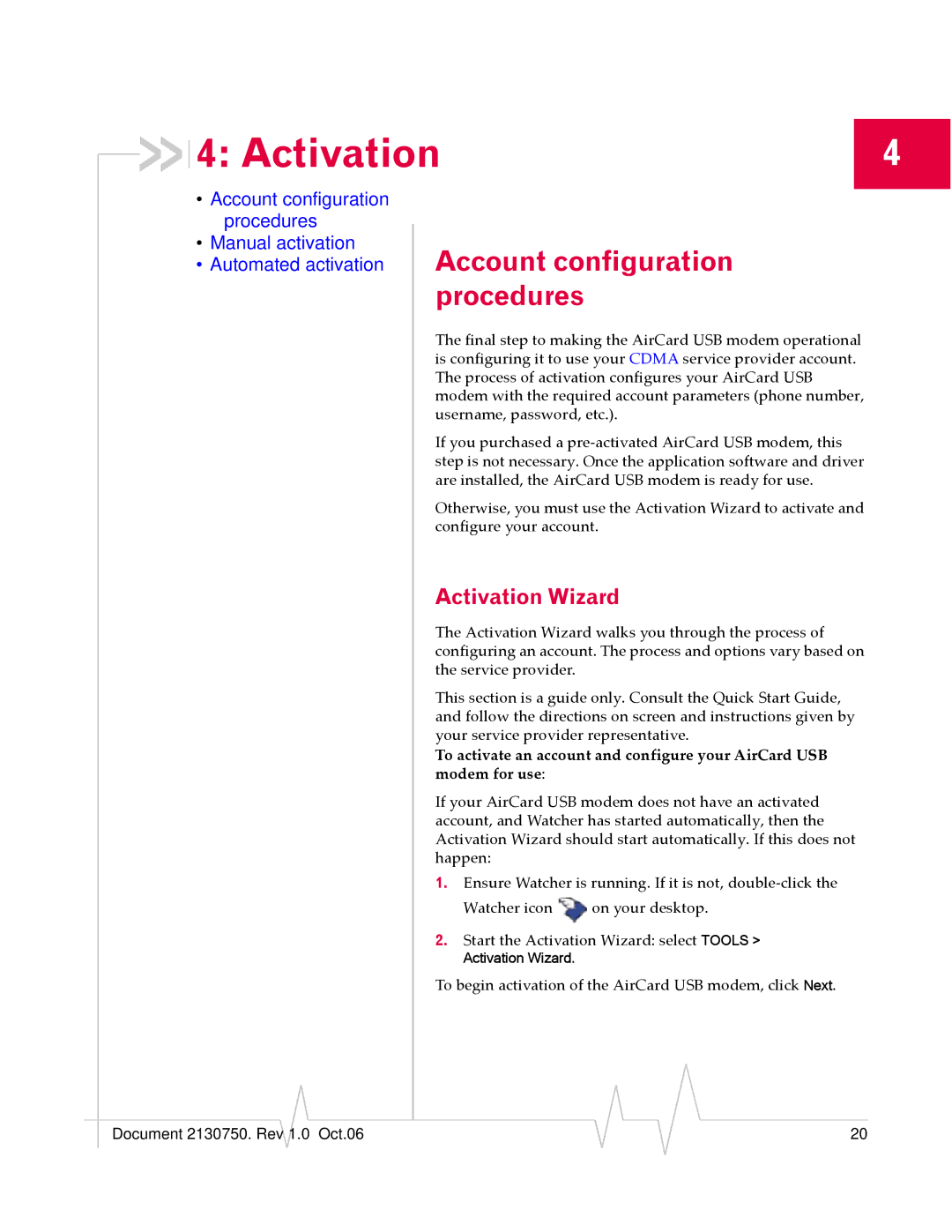 Sierra Wireless 595U manual Account configuration procedures, Activation Wizard 