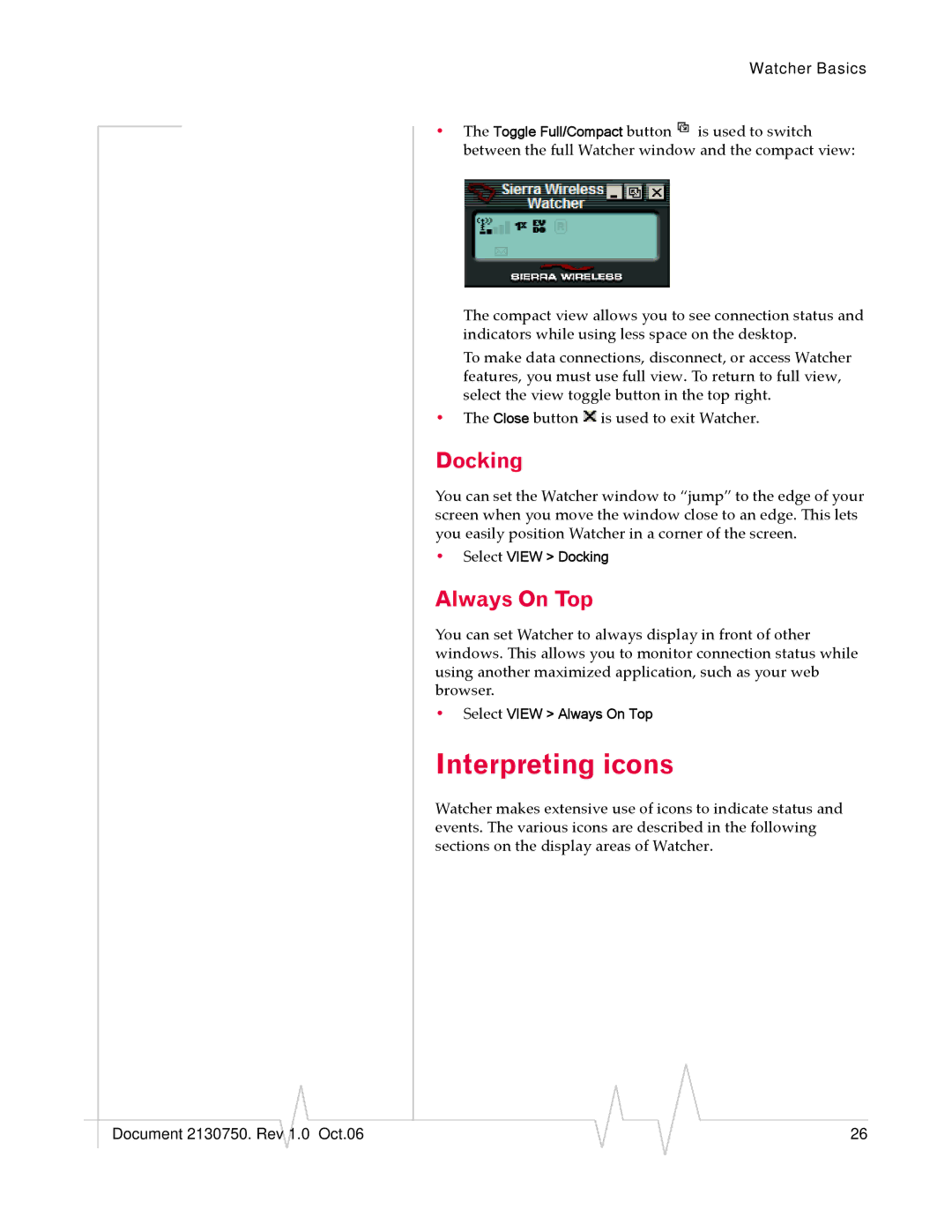 Sierra Wireless 595U manual Interpreting icons, Docking, Always On Top 