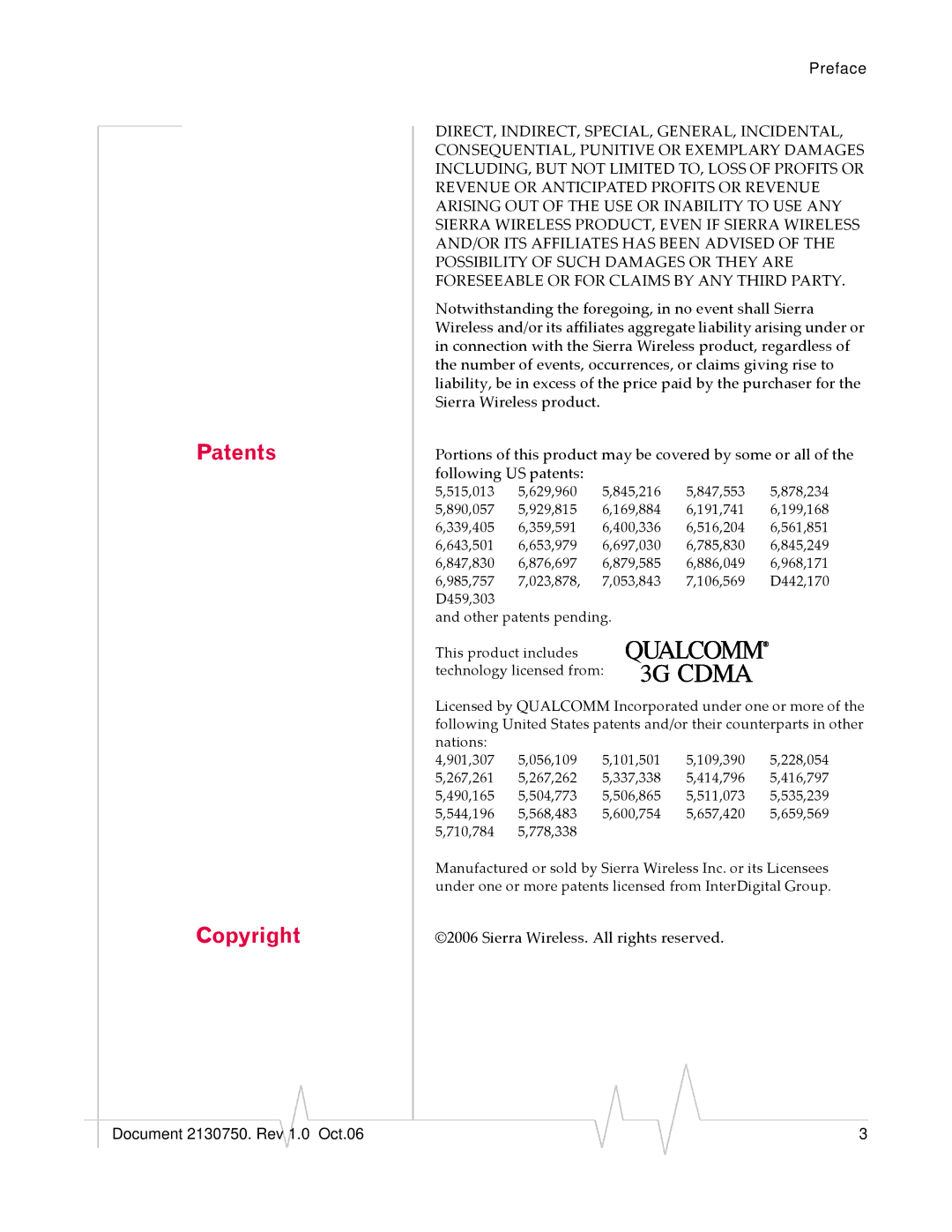 Sierra Wireless 595U manual Patents Copyright 