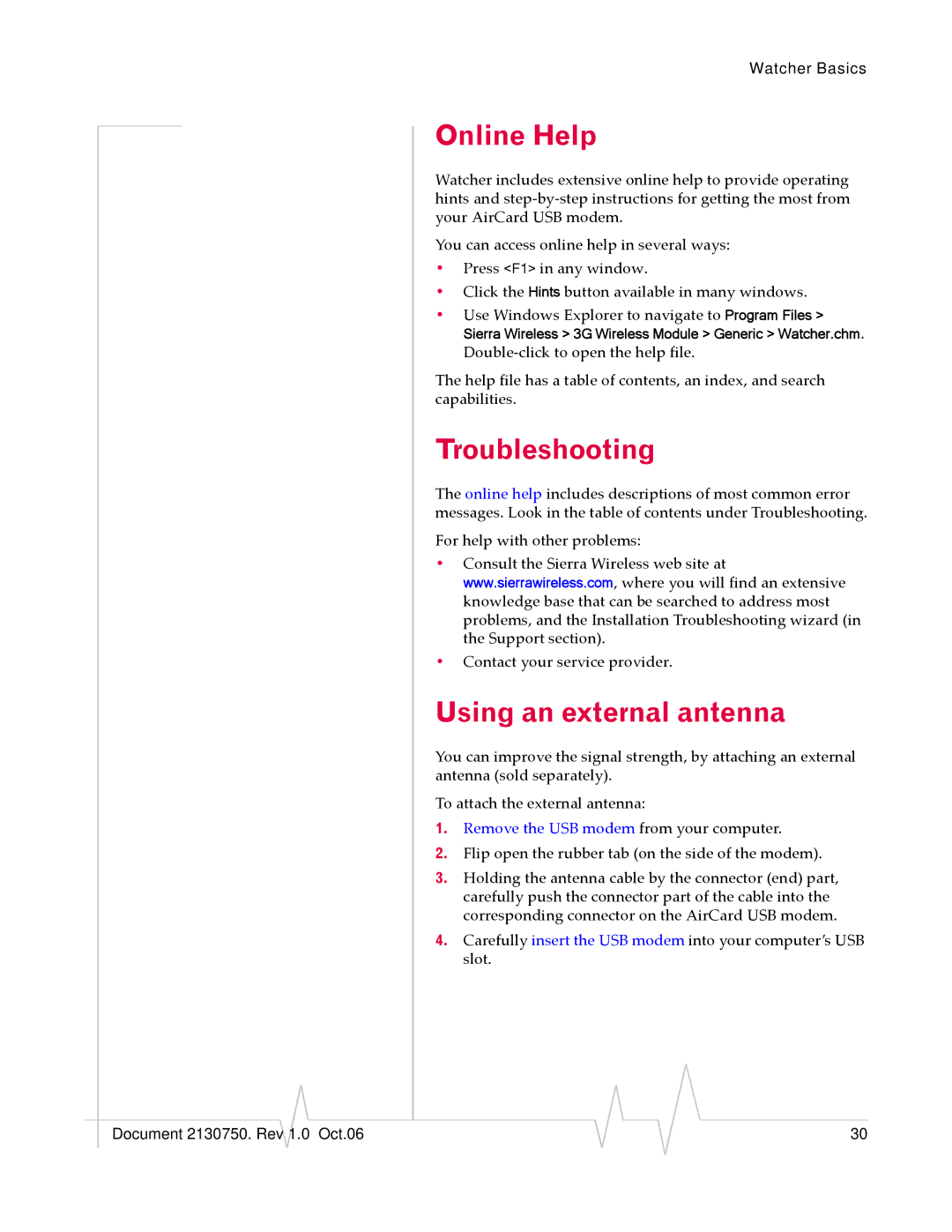 Sierra Wireless 595U manual Online Help, Troubleshooting, Using an external antenna 