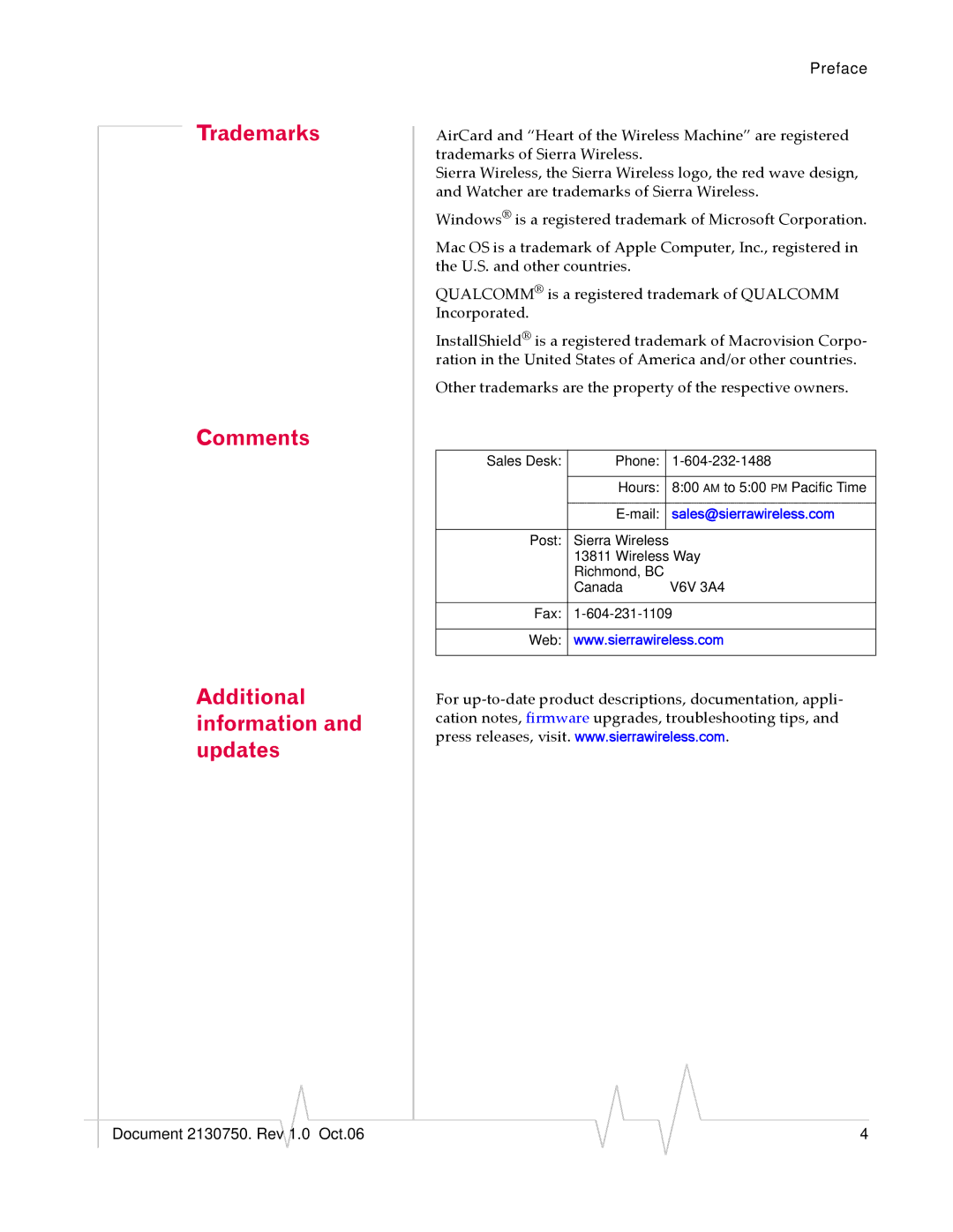 Sierra Wireless 595U manual Trademarks Comments Additional information and updates 