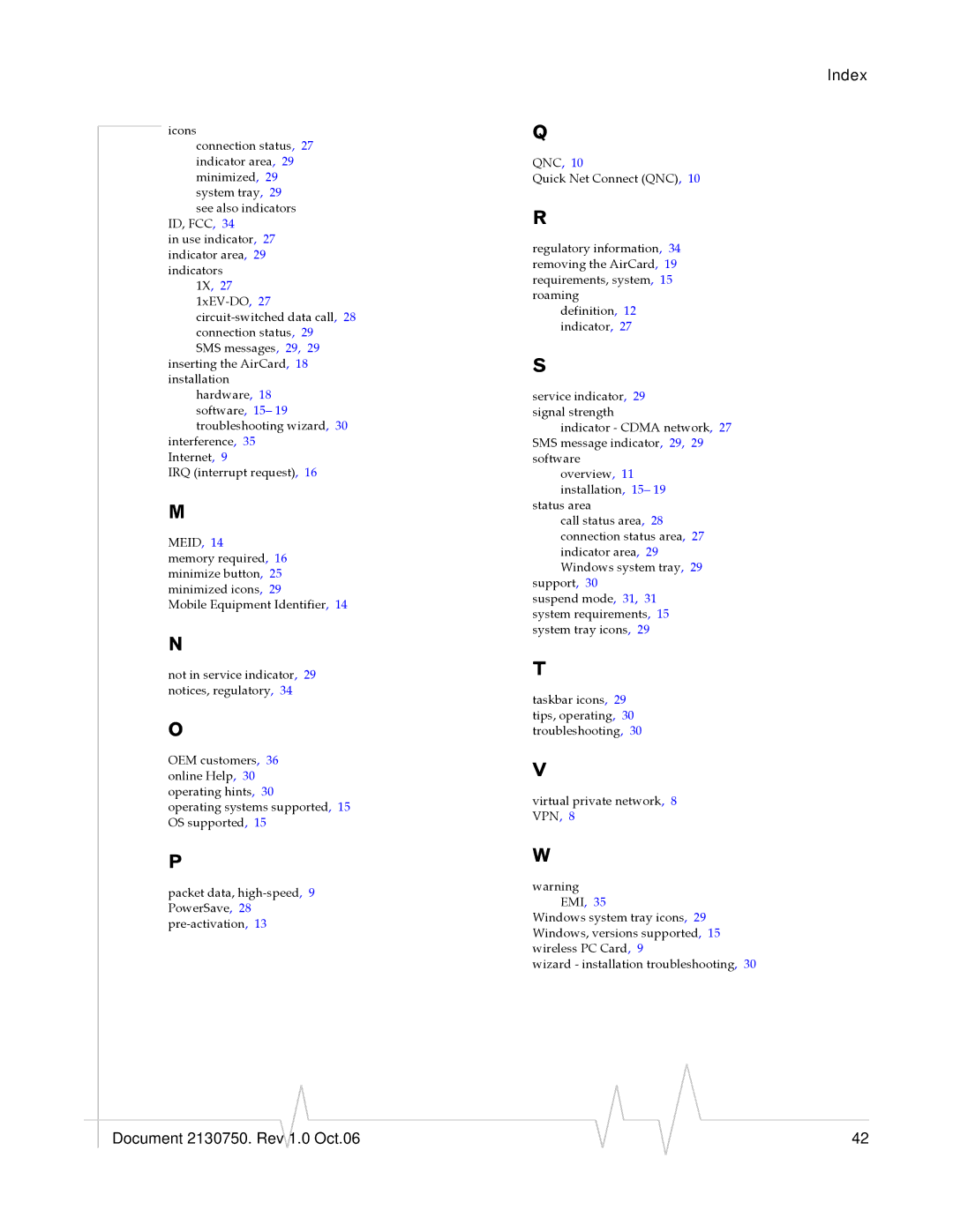 Sierra Wireless 595U manual Document 2130750. Rev 1.0 Oct.06 Index 