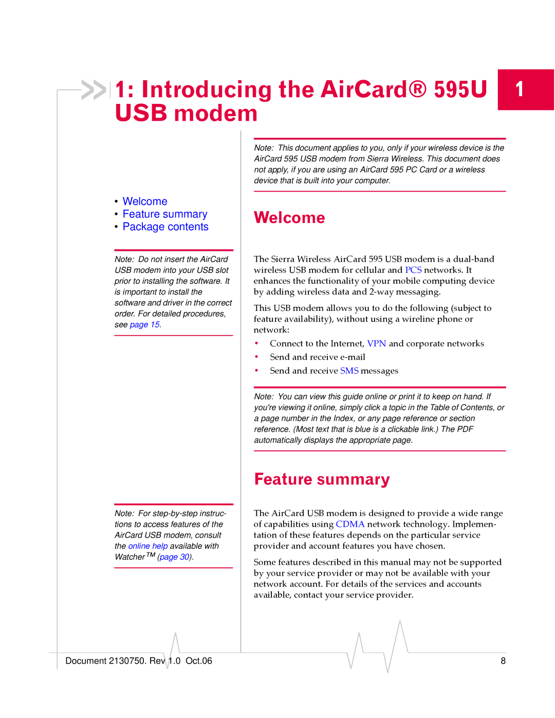 Sierra Wireless manual Introducing the AirCard 595U 1 USB modem, Welcome, Feature summary 