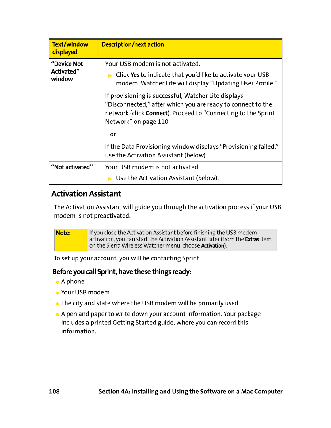 Sierra Wireless 595U Activation Assistant, Text/window Description/next action Displayed Device Not, Activated, Window 