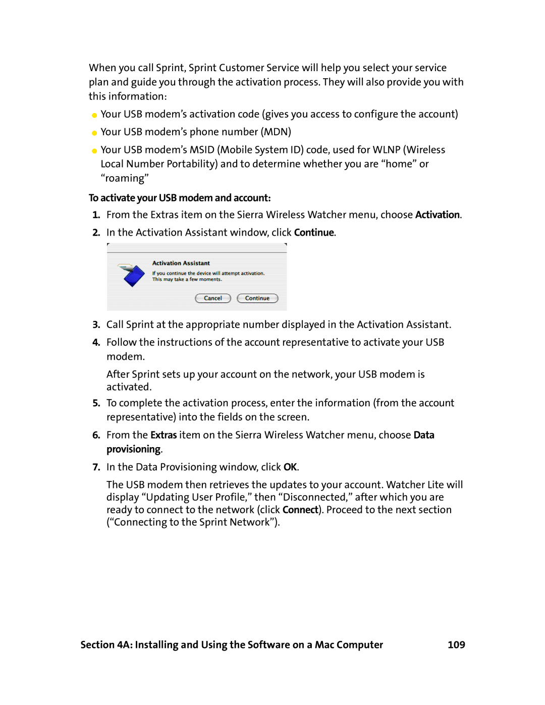 Sierra Wireless 595U manual To activate your USB modem and account, Installing and Using the Software on a Mac Computer 109 