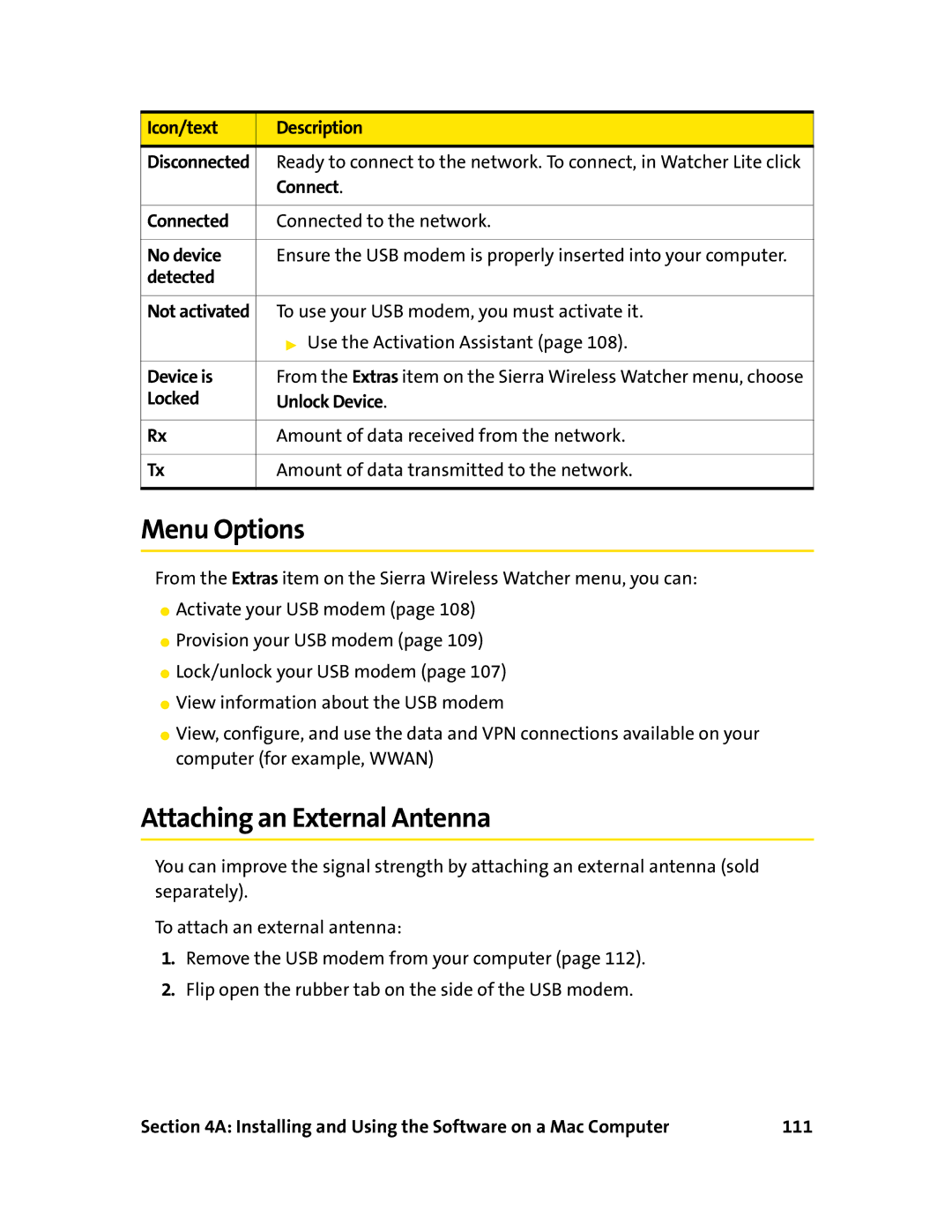 Sierra Wireless 595U Menu Options, Connect, To use your USB modem, you must activate it, Use the Activation Assistant 