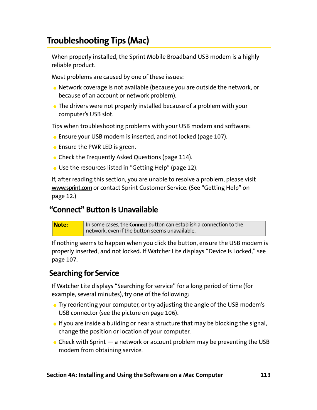 Sierra Wireless 595U manual Troubleshooting Tips Mac, Connect Button Is Unavailable 