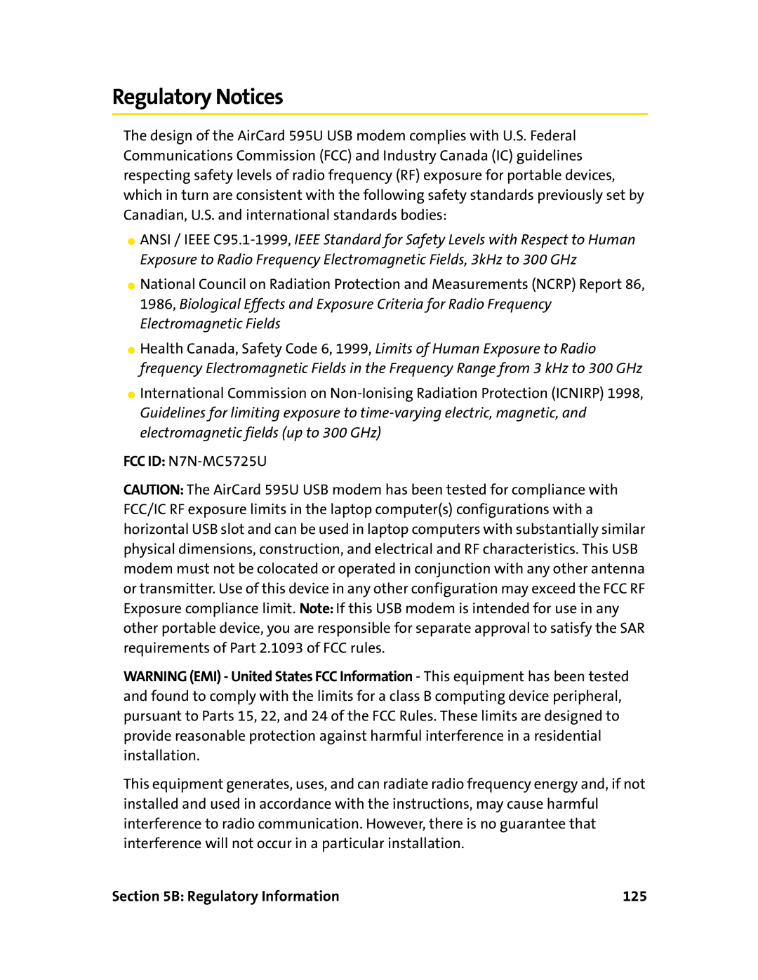 Sierra Wireless 595U manual Regulatory Notices, Regulatory Information 125 