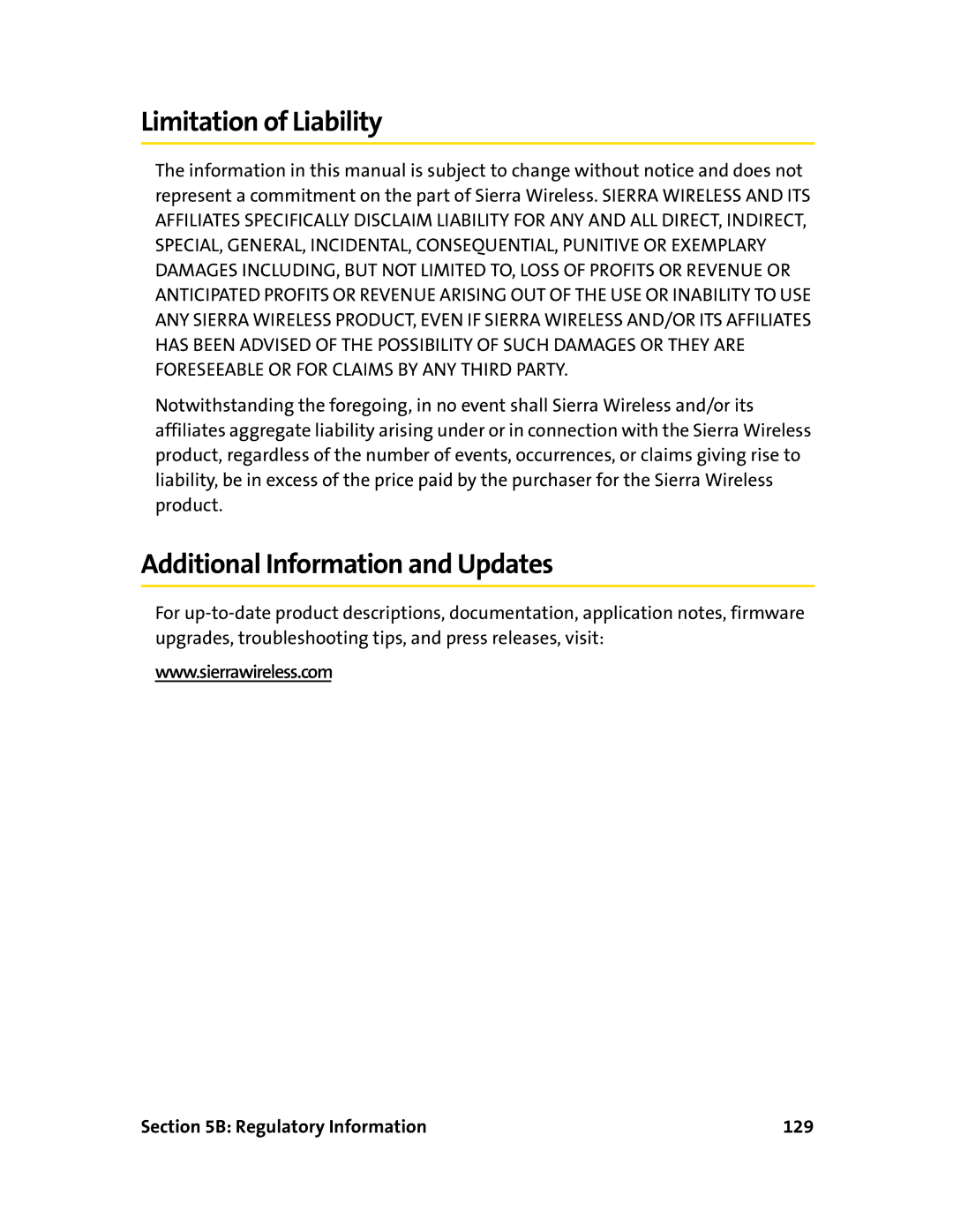 Sierra Wireless 595U manual Limitation of Liability, Additional Information and Updates, Regulatory Information 129 