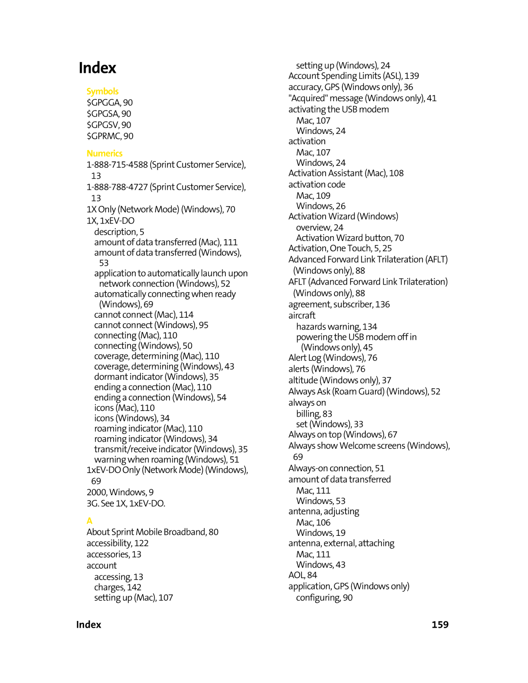 Sierra Wireless 595U manual Index 159 