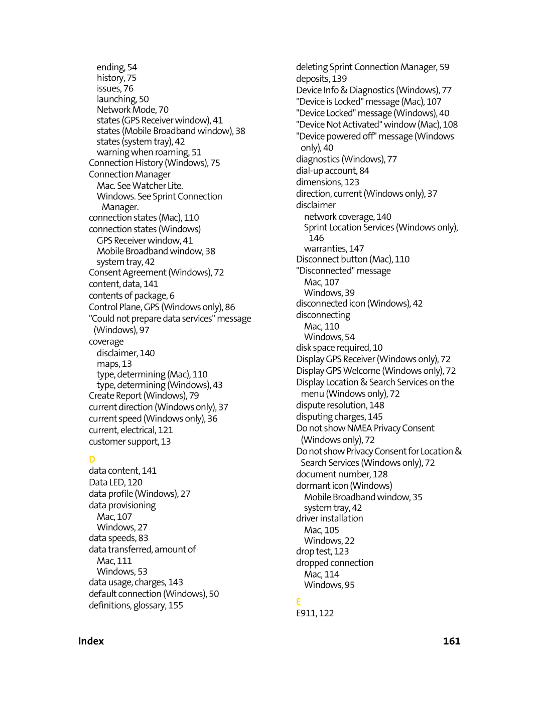 Sierra Wireless 595U manual Index 161, Disk space required 