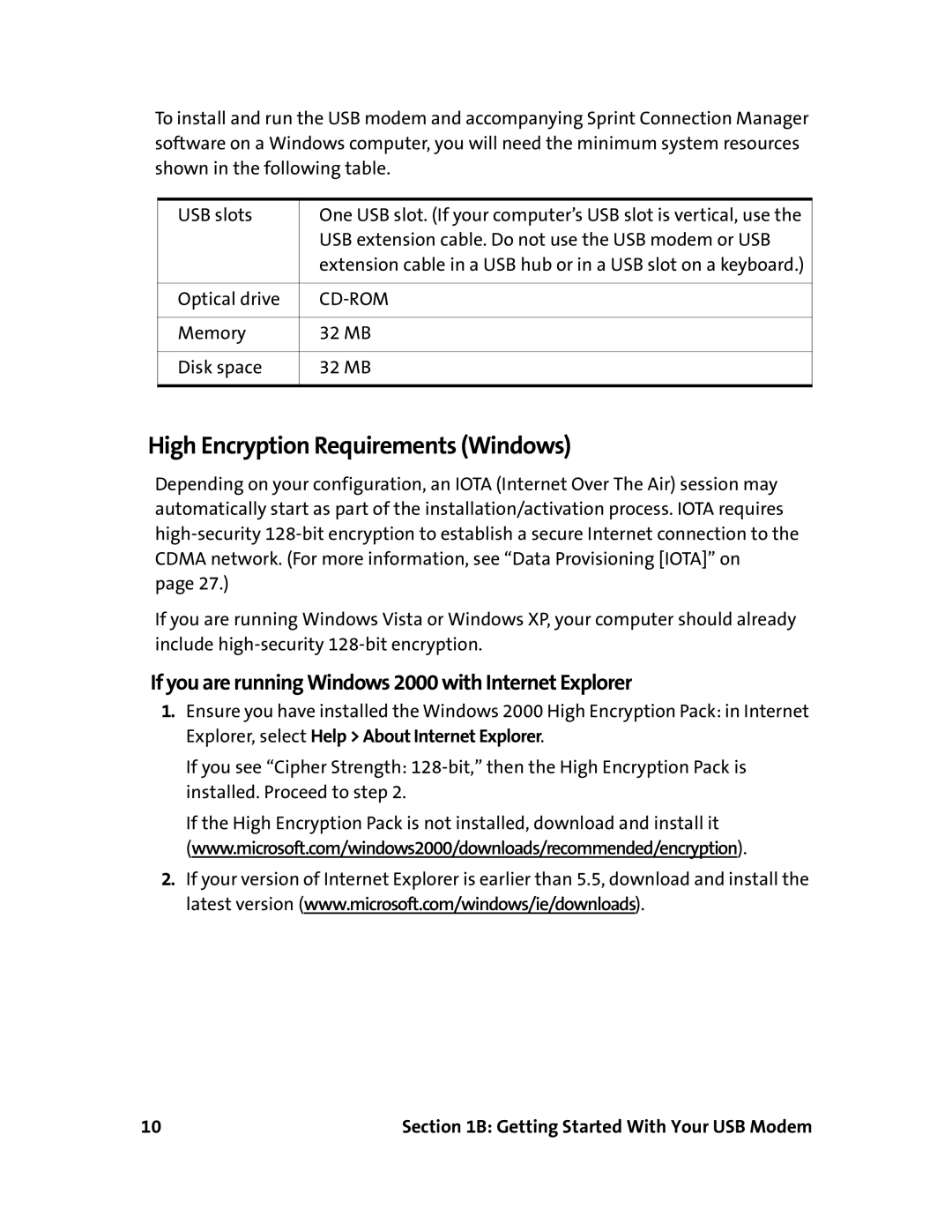 Sierra Wireless 595U manual High Encryption Requirements Windows, If you are running Windows 2000 with Internet Explorer 