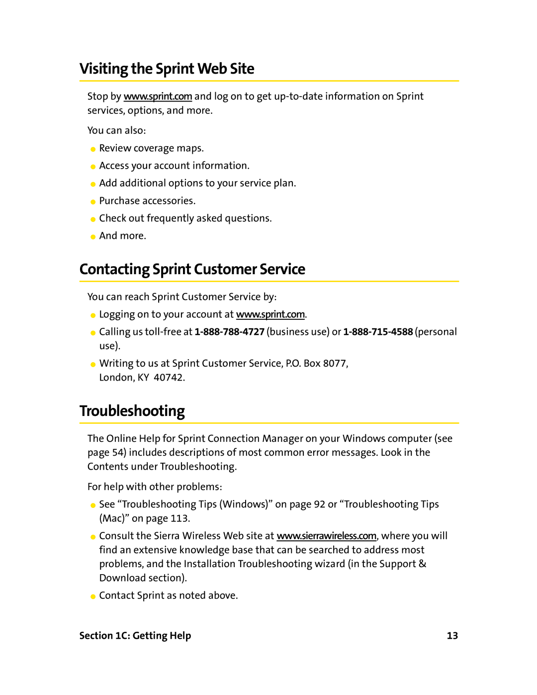 Sierra Wireless 595U manual Visiting the Sprint Web Site, Contacting Sprint Customer Service, Troubleshooting, Getting Help 