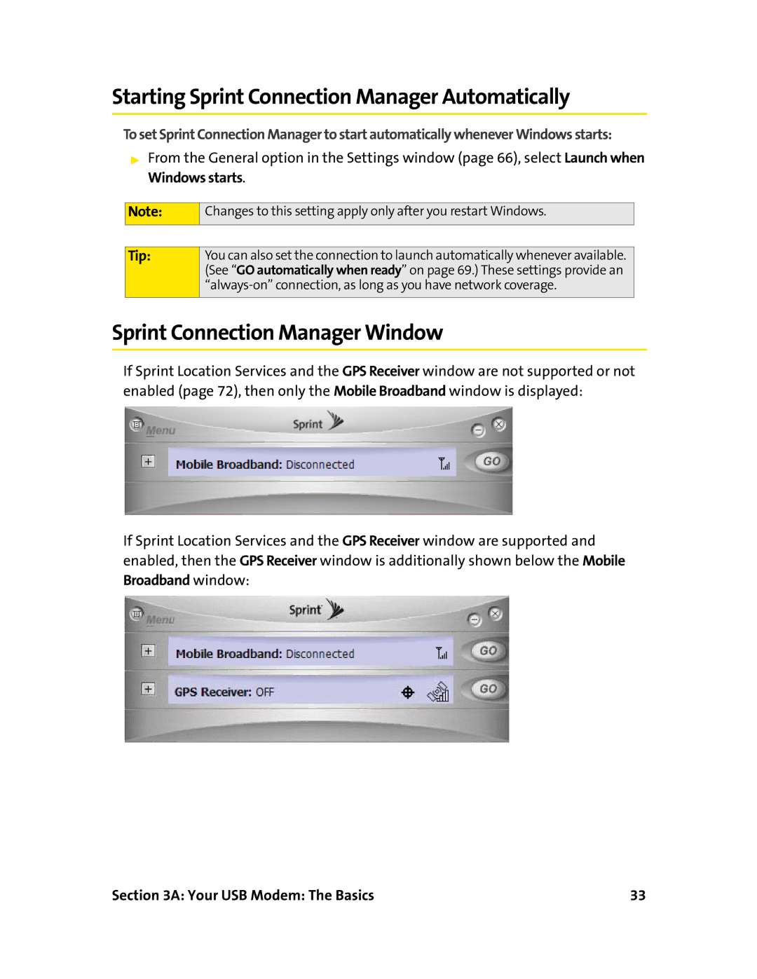 Sierra Wireless 595U manual Starting Sprint Connection Manager Automatically, Sprint Connection Manager Window 