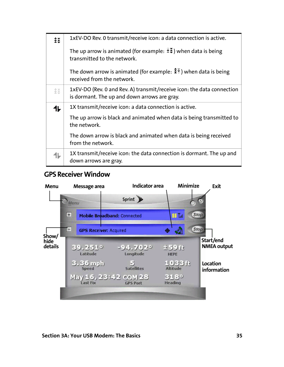 Sierra Wireless 595U manual GPS Receiver Window, Show Start/end Hide Details, Location, Information 