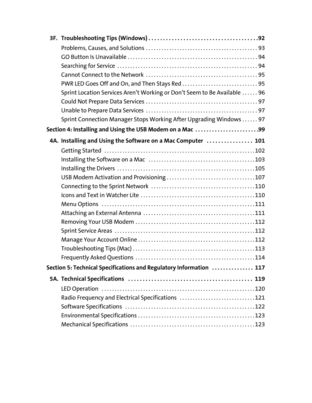 Sierra Wireless 595U manual 3F. Troubleshooting Tips Windows, 117, 119 