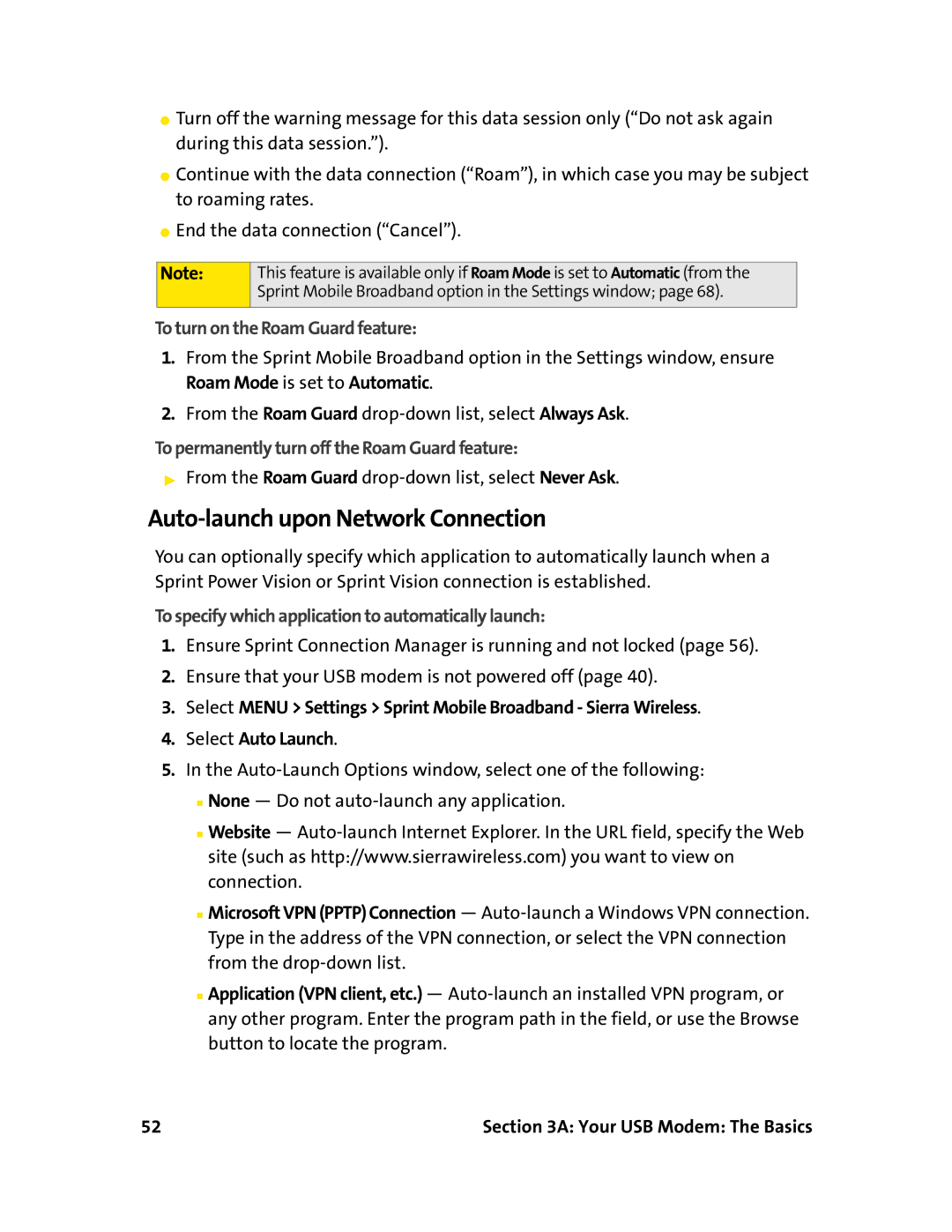 Sierra Wireless 595U manual Auto-launch upon Network Connection, To turn on the Roam Guard feature 