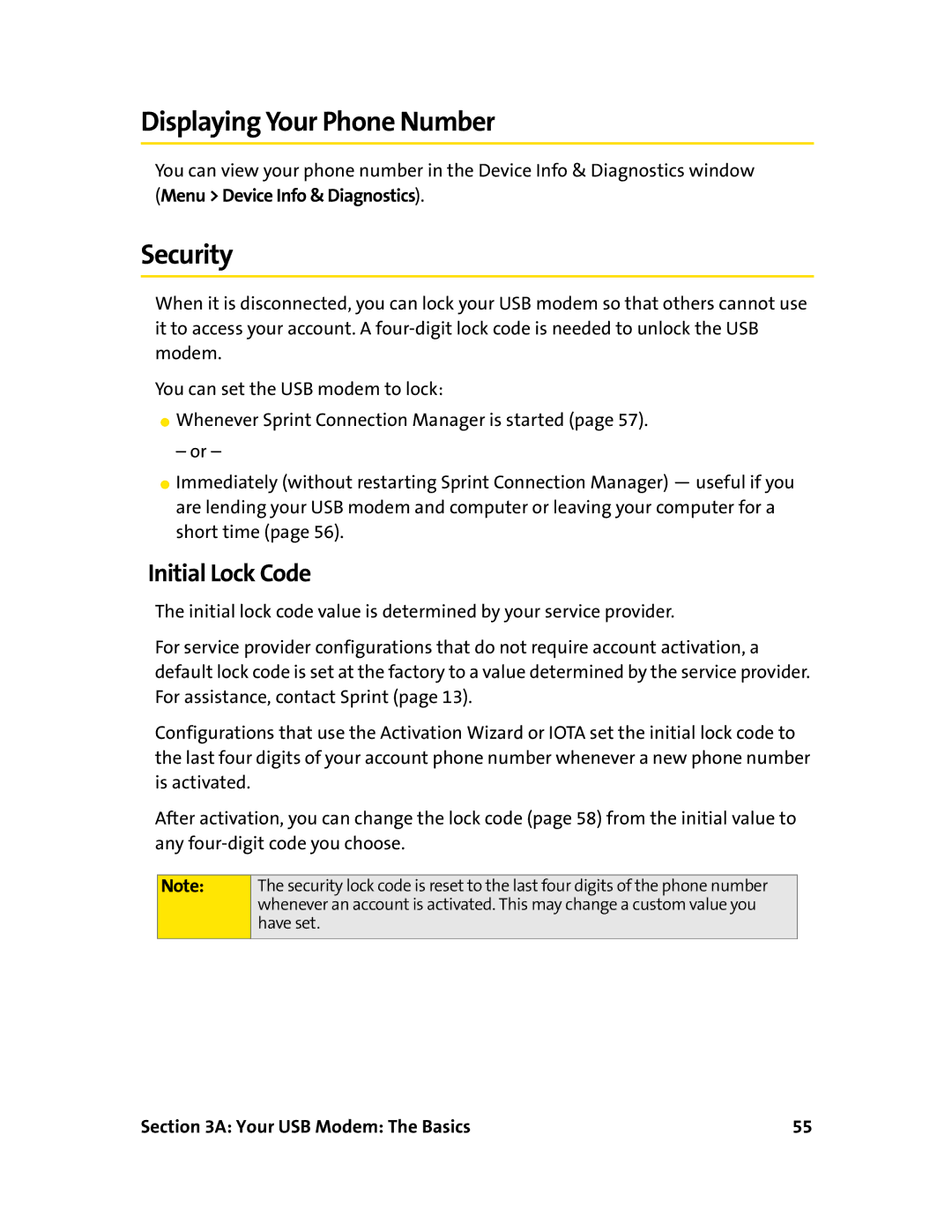 Sierra Wireless 595U manual Displaying Your Phone Number, Security, Initial Lock Code 