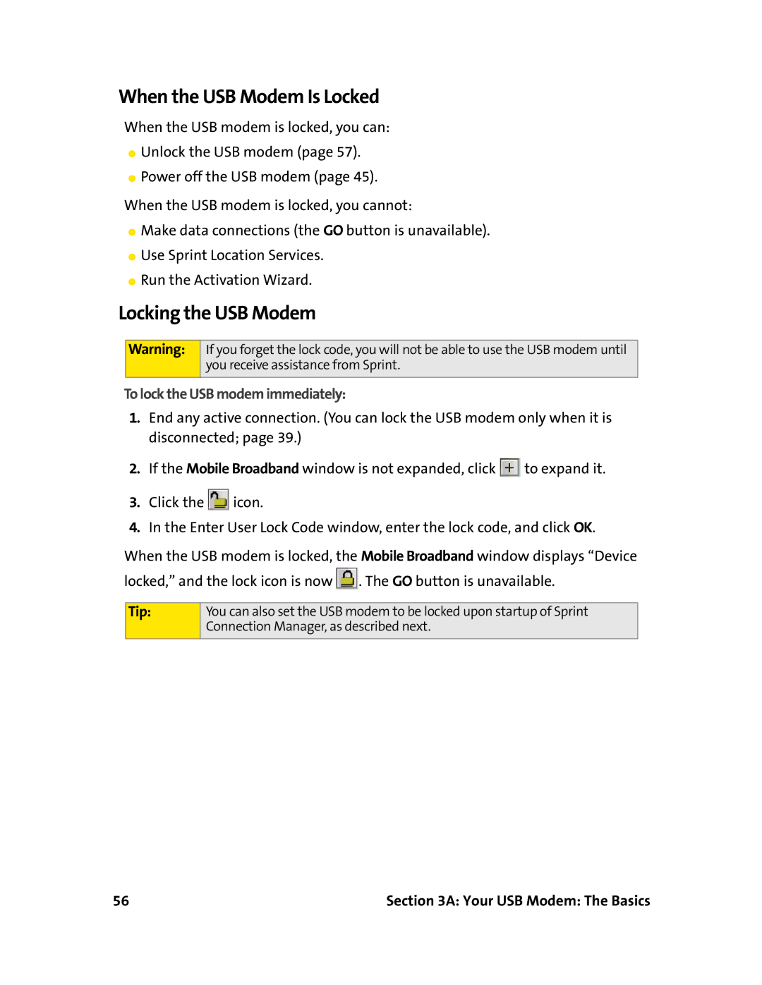 Sierra Wireless 595U manual When the USB Modem Is Locked, Locking the USB Modem, To lock the USB modem immediately 