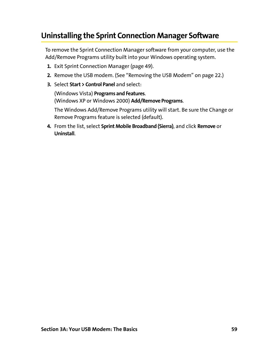 Sierra Wireless 595U manual Uninstalling the Sprint Connection Manager Software 