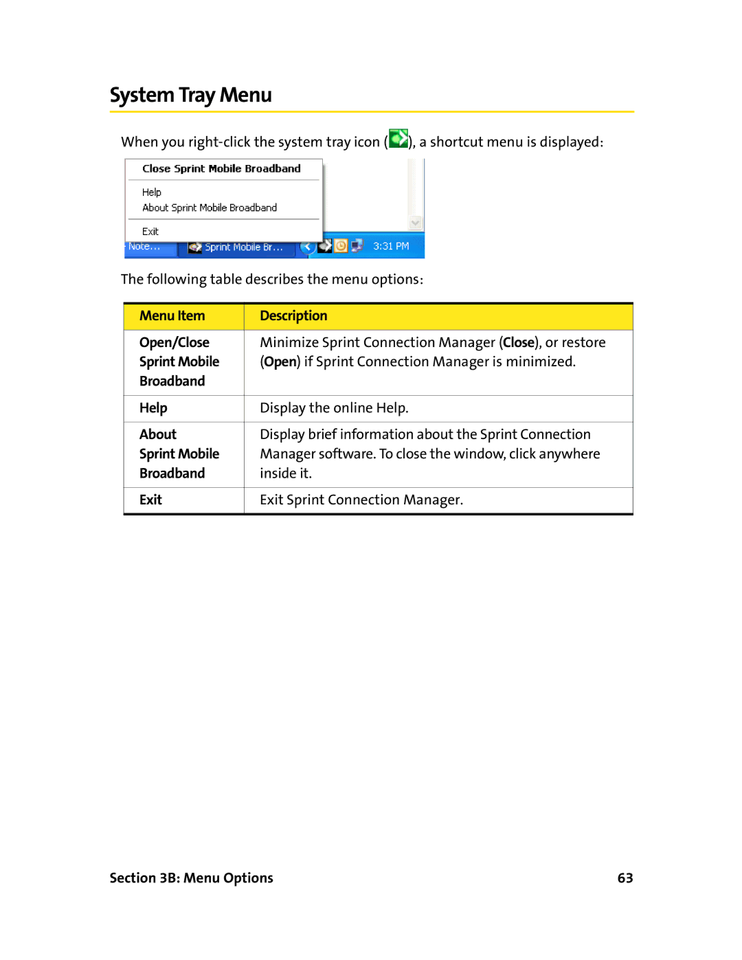 Sierra Wireless 595U manual System Tray Menu 