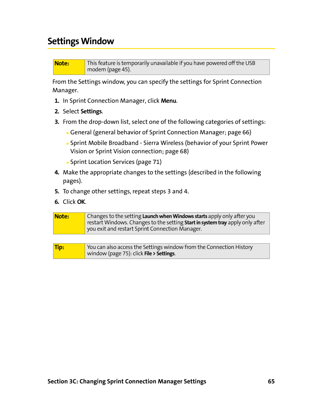 Sierra Wireless 595U manual Settings Window, Changing Sprint Connection Manager Settings 