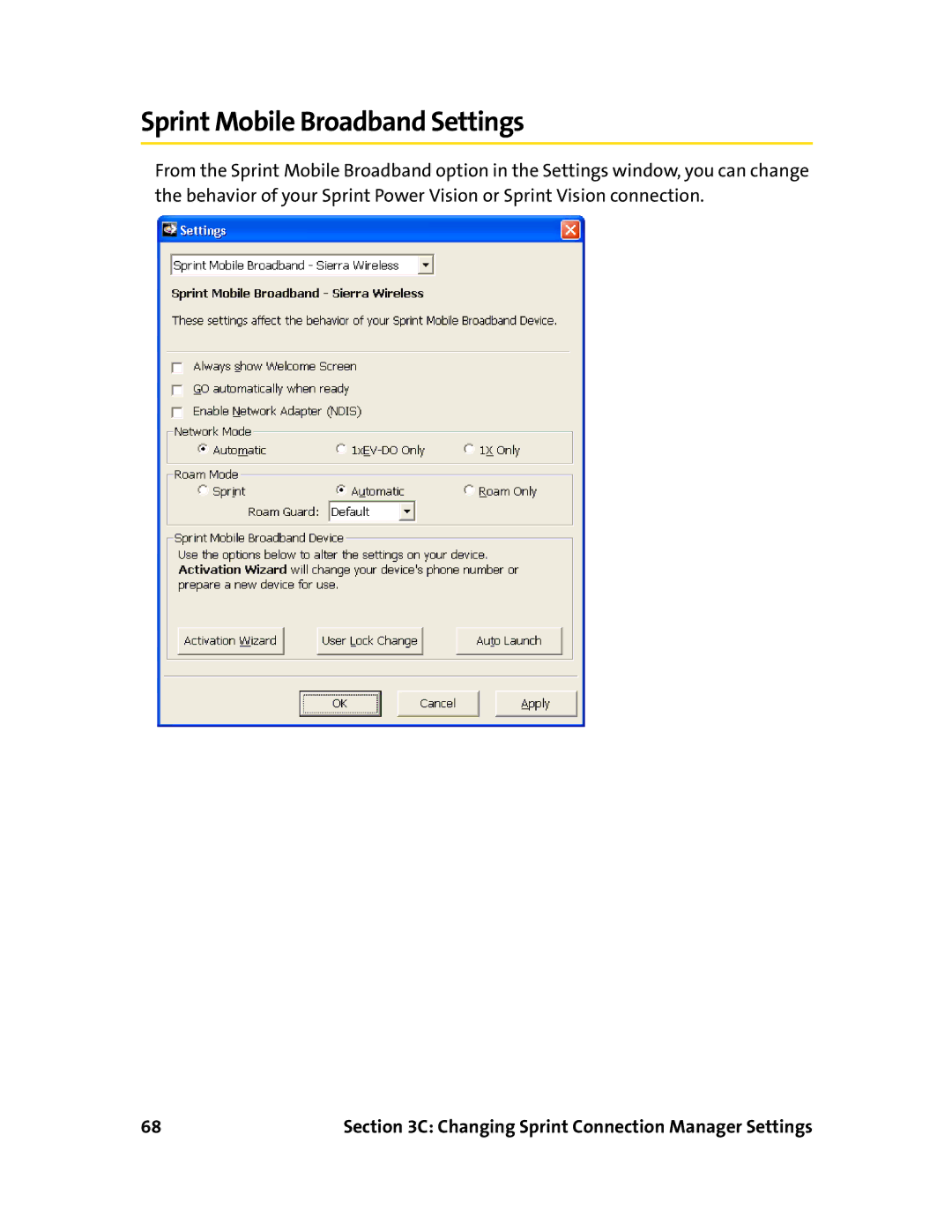 Sierra Wireless 595U manual Sprint Mobile Broadband Settings 