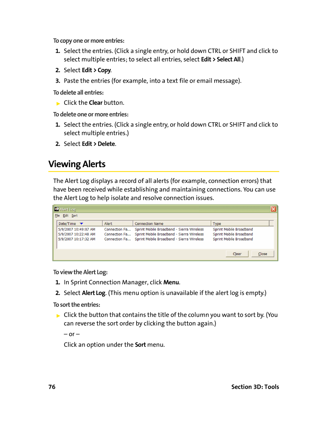 Sierra Wireless 595U Viewing Alerts, To copy one or more entries, To delete all entries, To delete one or more entries 