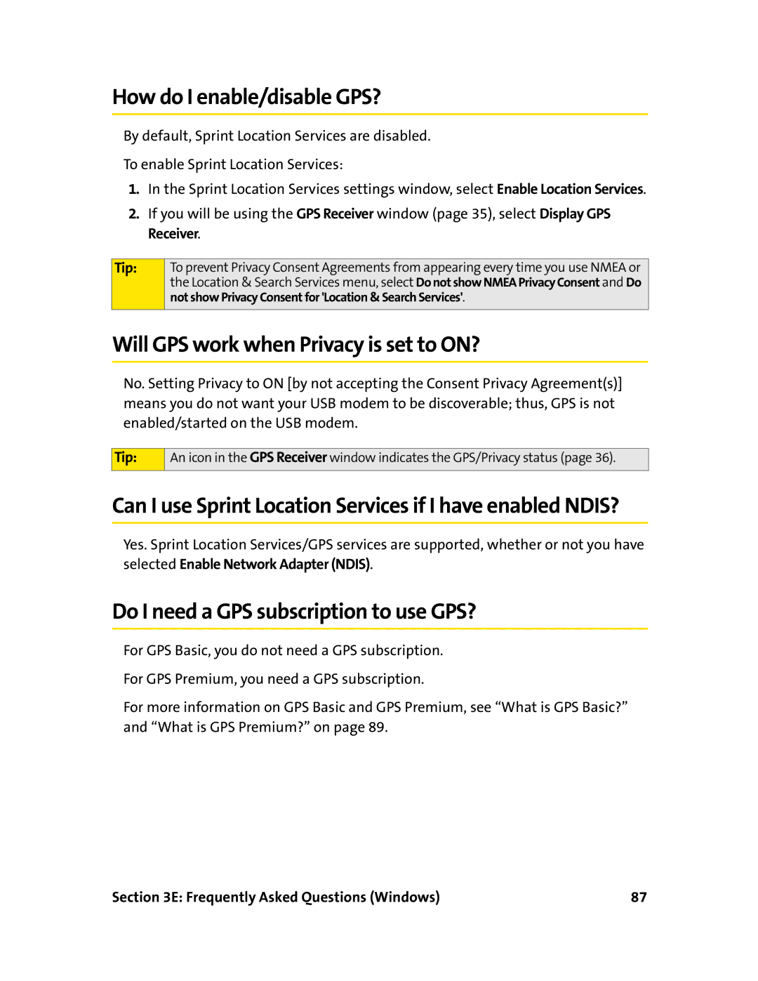 Sierra Wireless 595U manual How do I enable/disable GPS?, Will GPS work when Privacy is set to ON? 