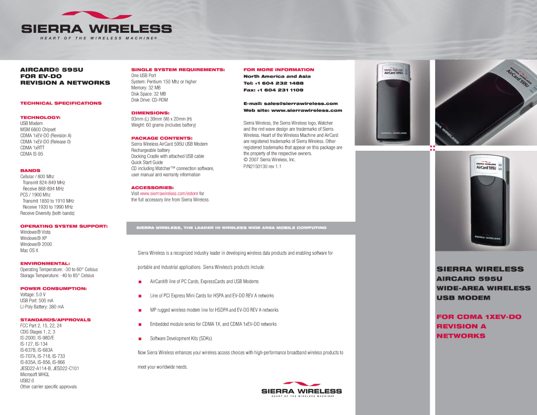 Sierra Wireless 595U Technical Specifications Technology, Bands, Single System Requirements, Dimensions, Package Contents 