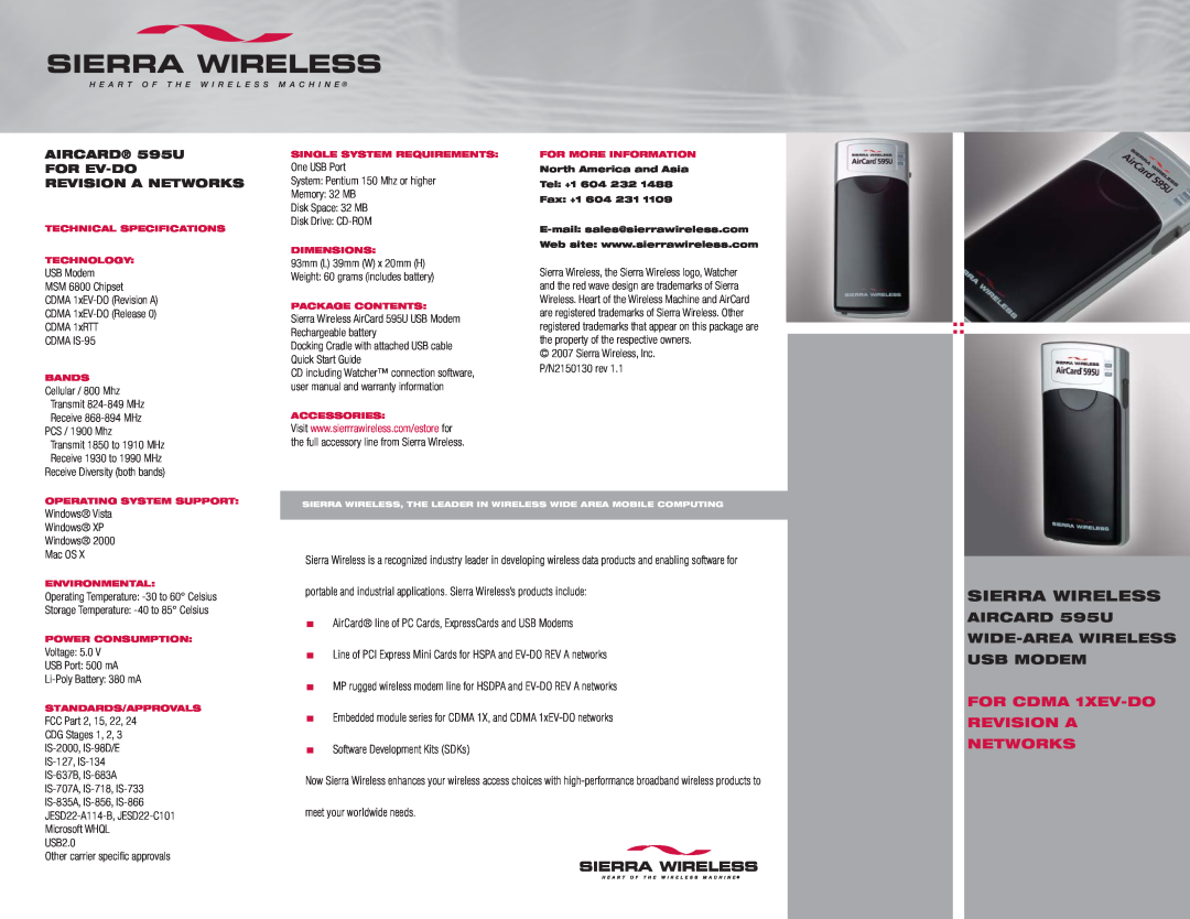 Sierra Wireless manual Sierra Wireless, AIRCARD 595U WIDE-AREA WIRELESS USB MODEM, FOR CDMA 1XEV-DO REVISION A NETWORKS 