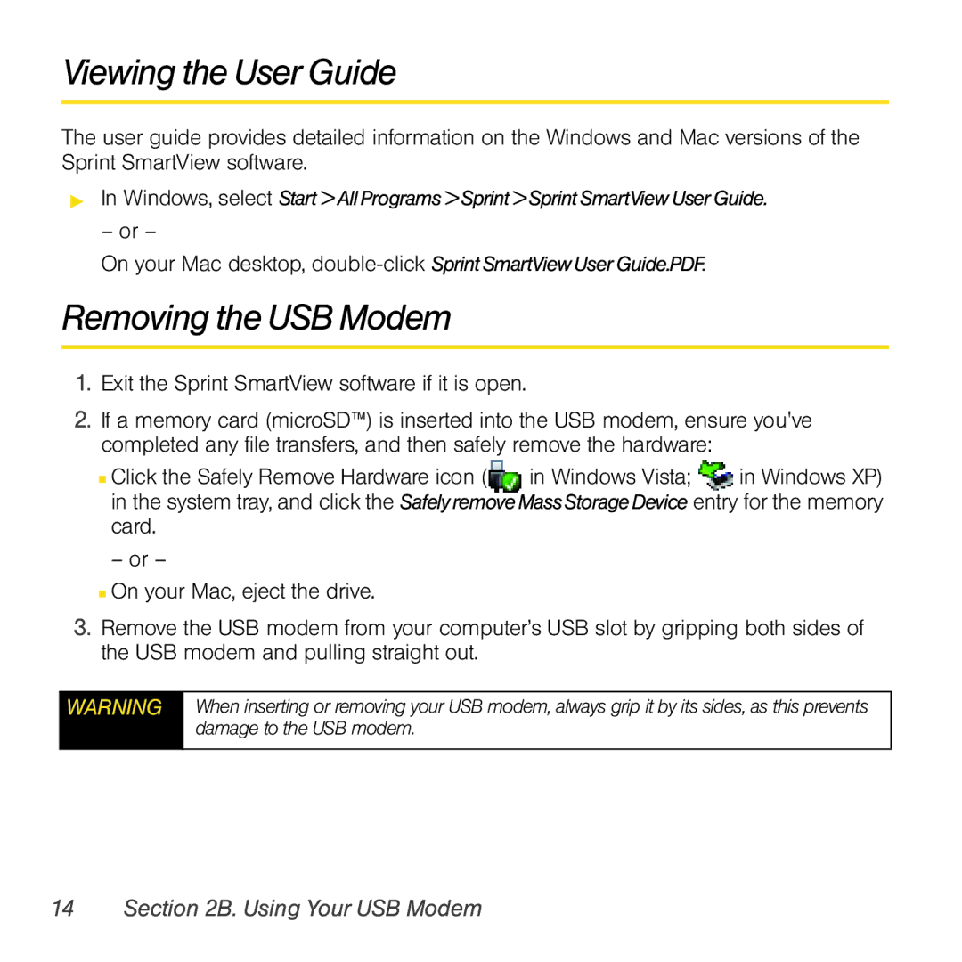 Sierra Wireless 597 quick start Viewing the User Guide, Removing the USB Modem 