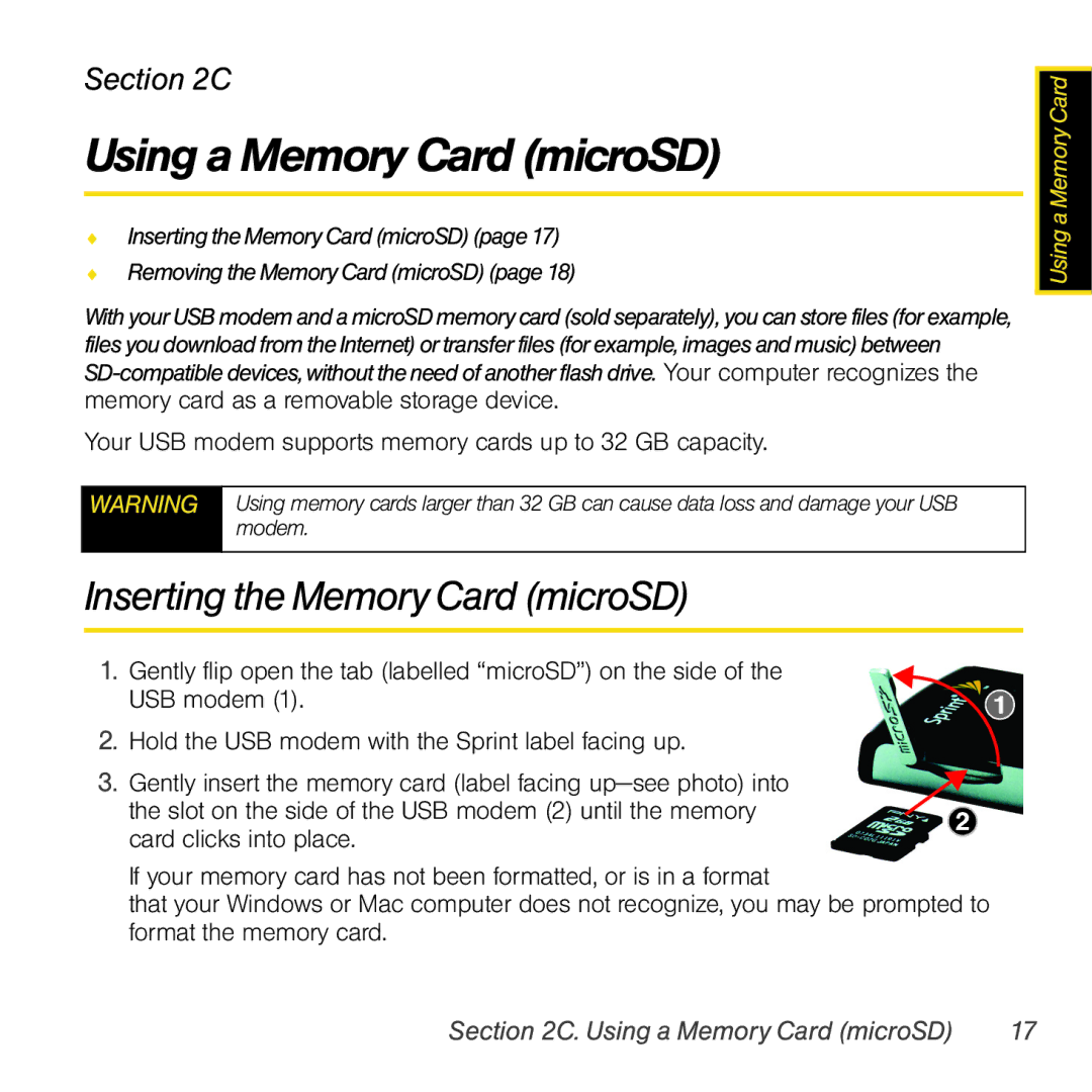 Sierra Wireless 597 quick start Using a Memory Card microSD, Inserting the Memory Card microSD 