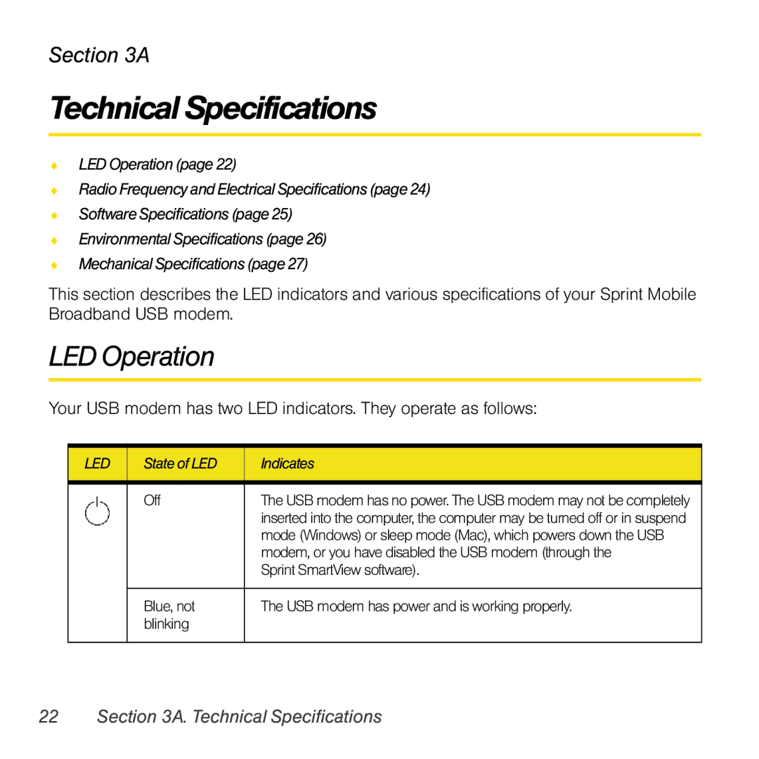 Sierra Wireless 597 quick start Technical Specifications, LED Operation 
