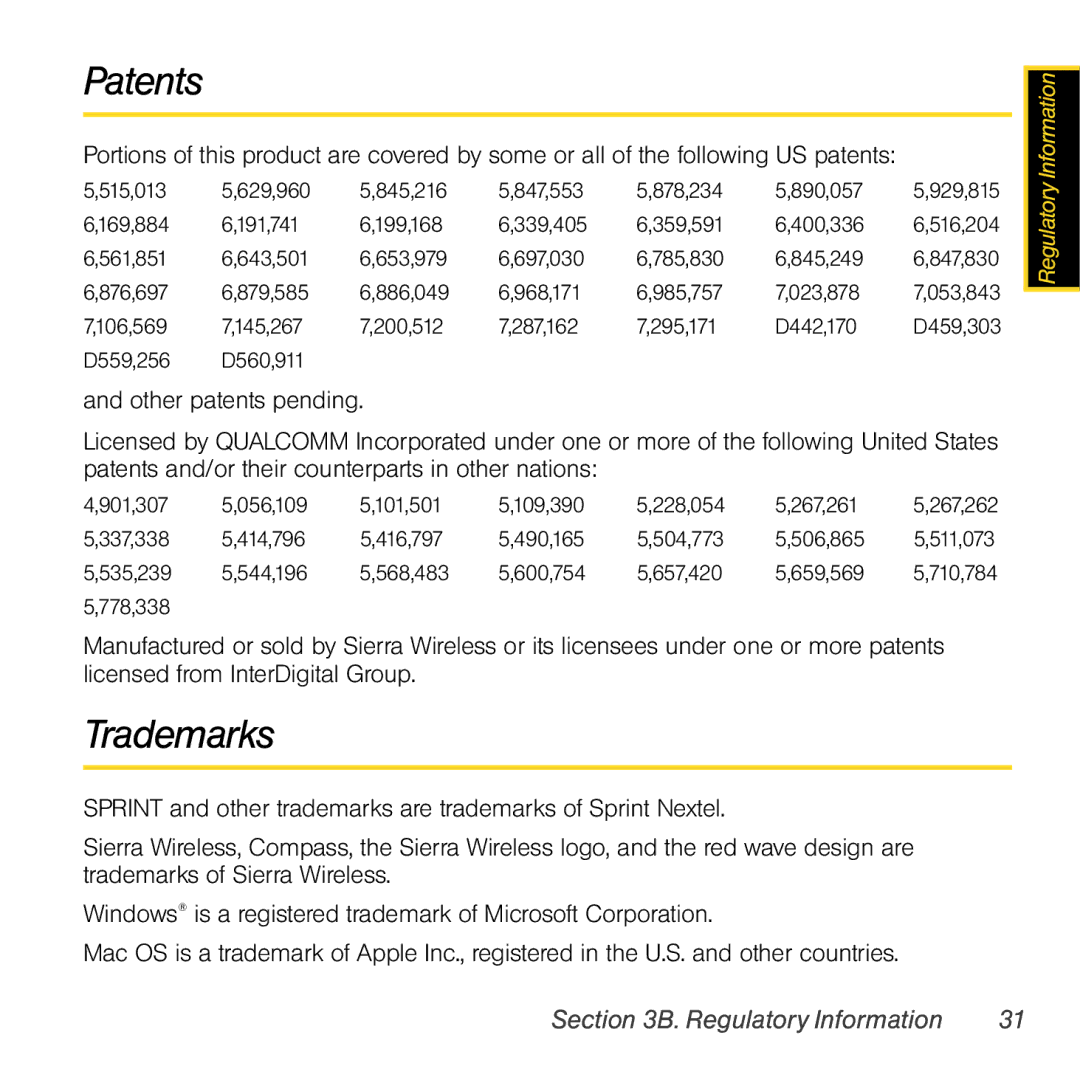 Sierra Wireless 597 quick start Patents, Trademarks 