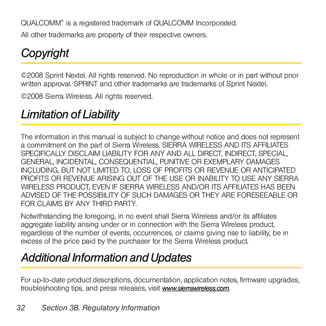 Sierra Wireless 597 quick start Copyright, Limitation of Liability, Additional Information and Updates 