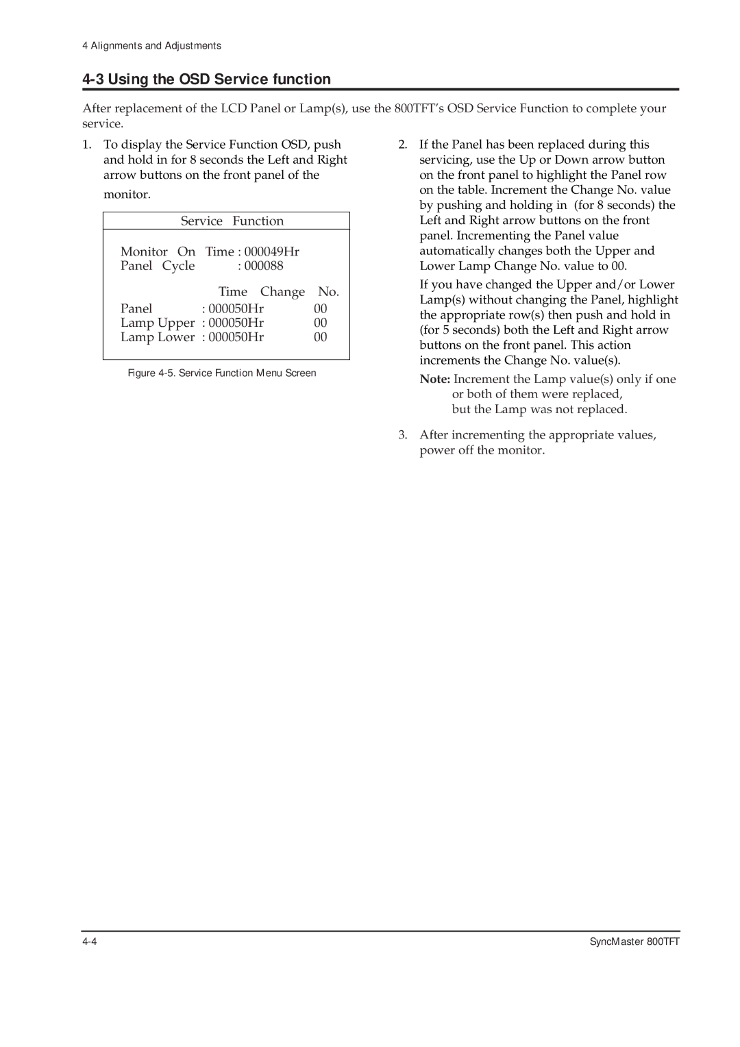 Sierra Wireless 800TFT specifications Using the OSD Service function, Service Function Menu Screen 