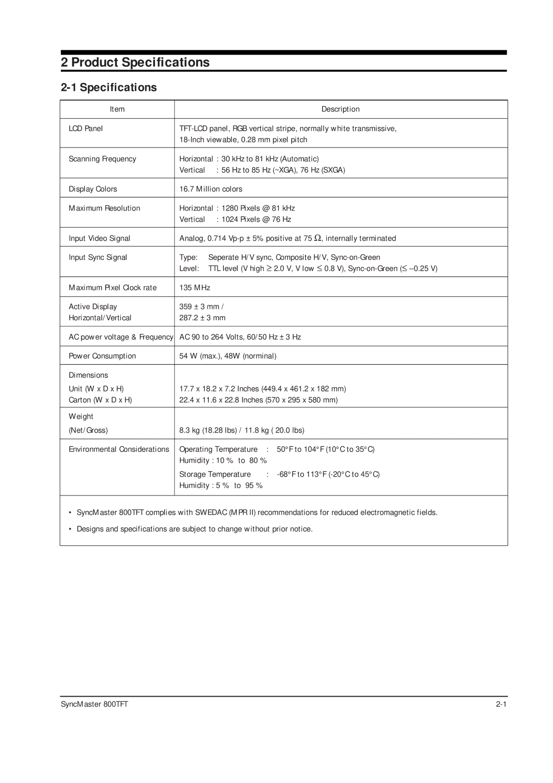 Sierra Wireless 800TFT specifications Product Specifications 