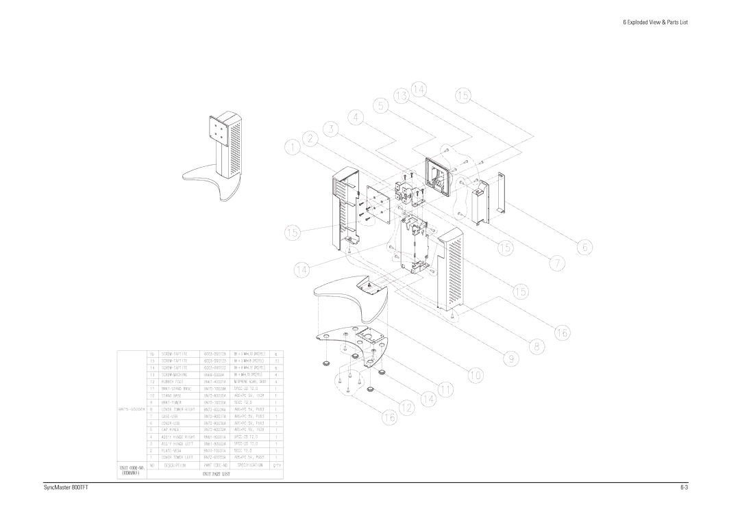 Sierra Wireless specifications Exploded View & Parts List SyncMaster 800TFT 