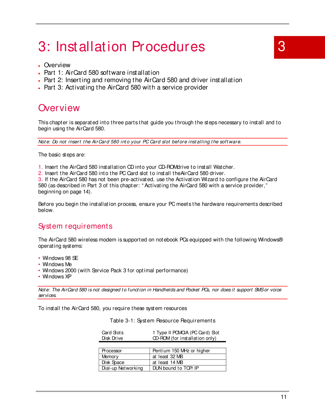 Sierra Wireless AirCard 580 manual Installation Procedures, Overview, System requirements, System Resource Requirements 